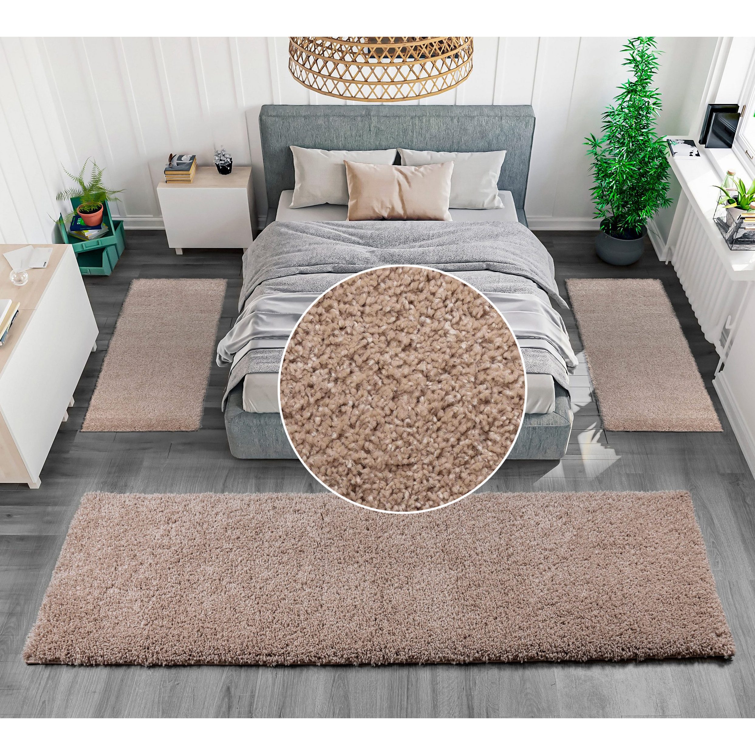 OTTO home Bettumrandung Shaggy 30, Höhe 30 mm, (3-tlg), gewebt, 2- oder 3-teilig, Bettvorleger, Läufer-Set, Uni-Farben