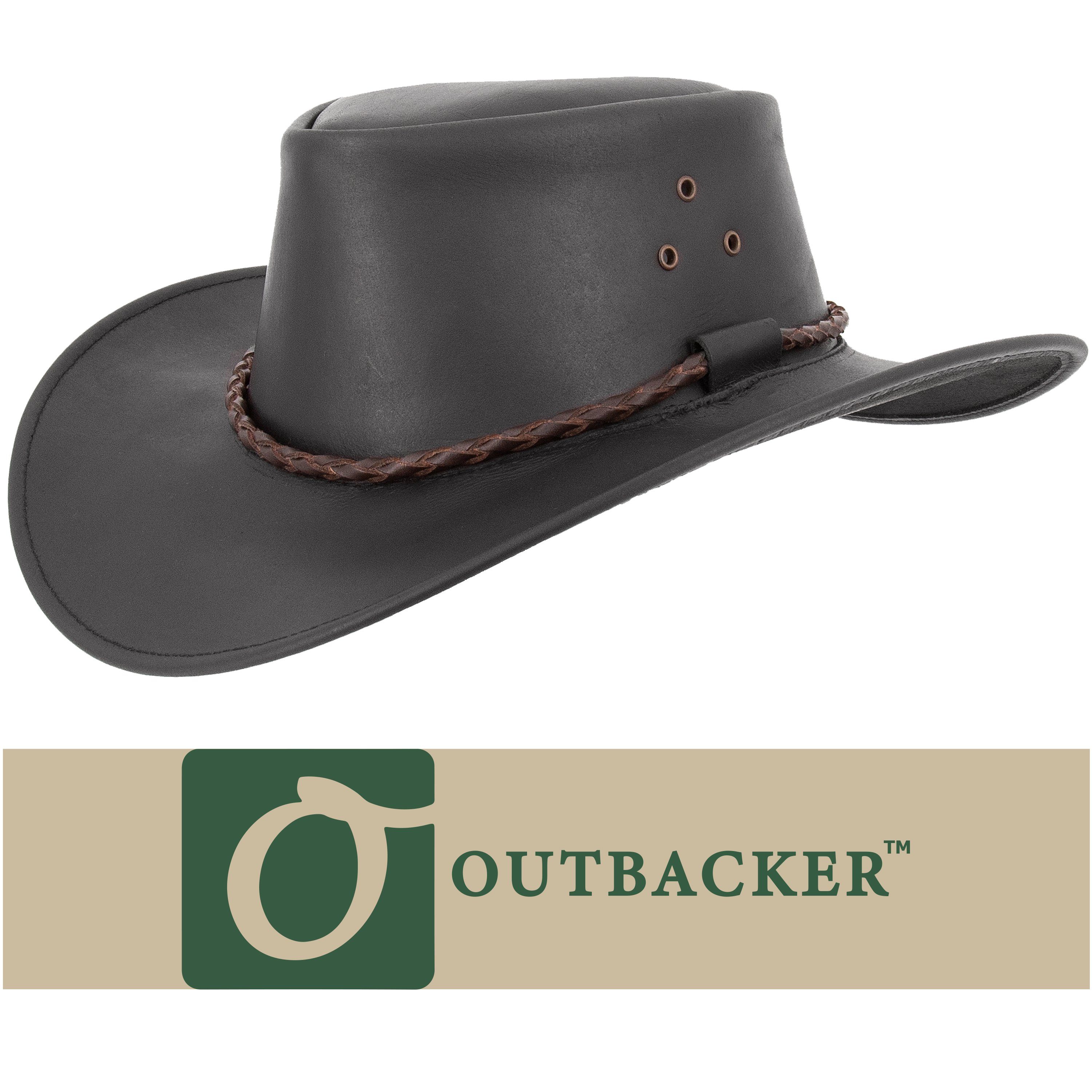 Outbacker Cowboyhut allwettertauglich Schwarz Lederhut Outback-Hut mit Kinnband Outdoor