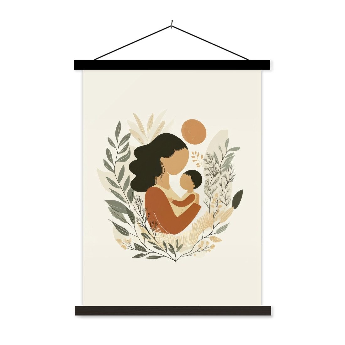 MuchoWow Poster Illustration - Mutter - Kind - Liebevoll, (1 St), Magnetische Posterleiste, Holzleisten, Textilposter, 60x80 cm