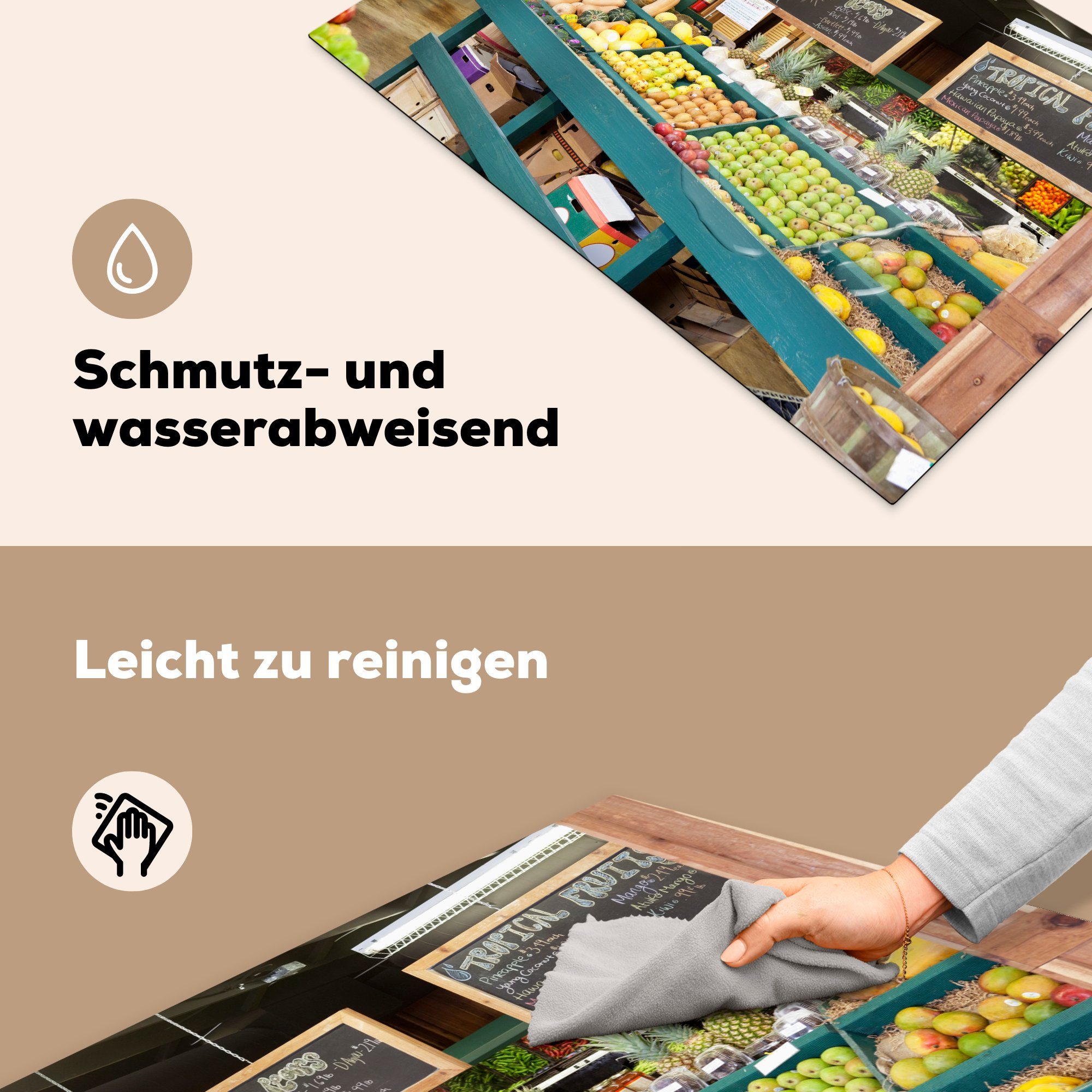 Ceranfeldabdeckung für Herdblende-/Abdeckplatte - die MuchoWow Vinyl, (1 81x52 Obst Supermarkt tlg), - küche, Schutz Kreidetafel, cm, Induktionskochfeld