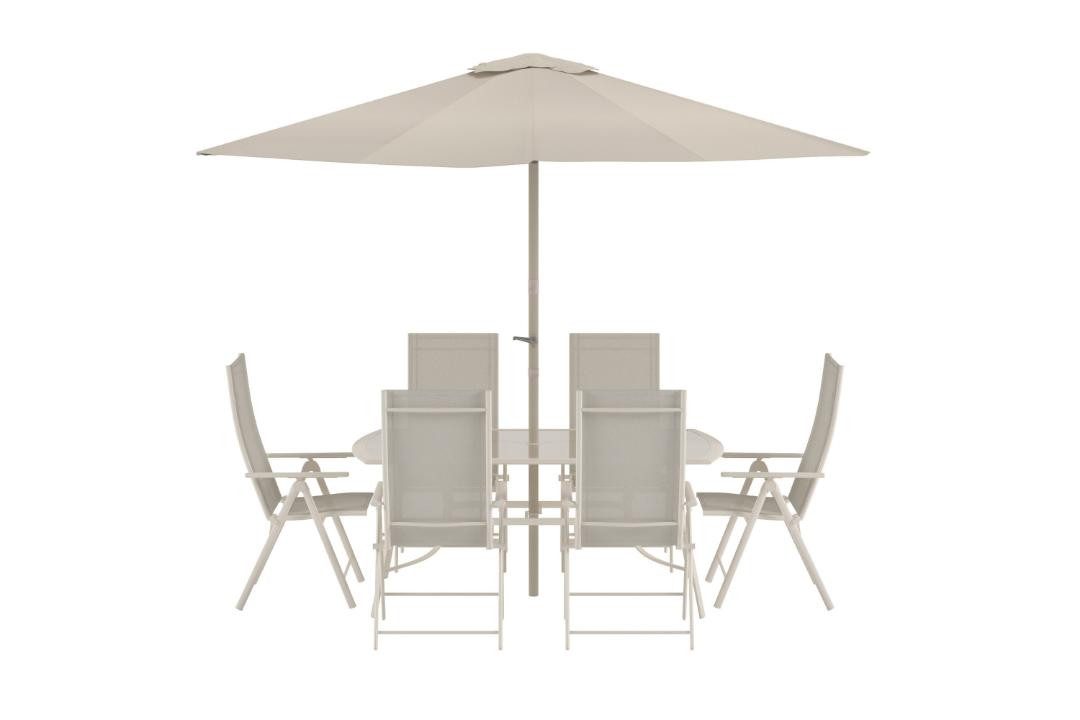 Venture Home Garten-Essgruppe Brekki Gartenset Sonnenschirm, Tisch 90x150cm 6 St, (7-tlg)
