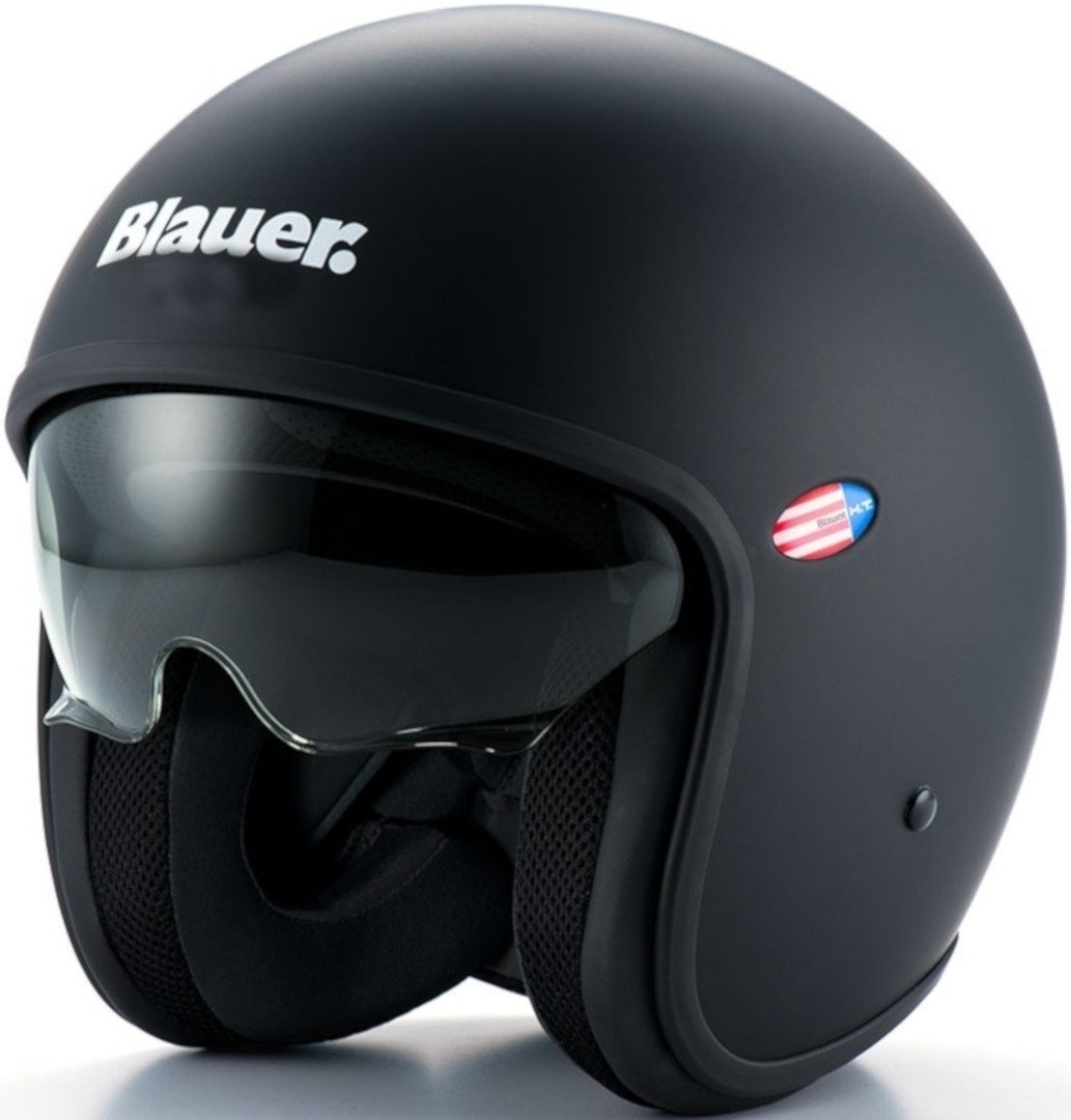 Blauer Motorradhelm Pilot 1.1 Monochrome Black Matte Jethelm, integriertes Sonnenvisier