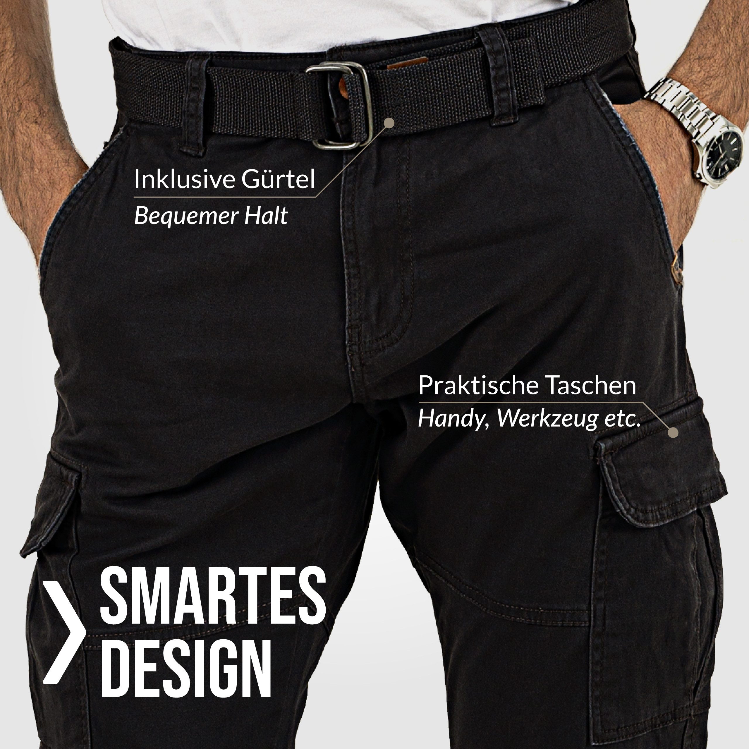 Indicode Cargohose Herren William Cargo Hose Herrenhose mit 7 Taschen, inkl. Gürtel
