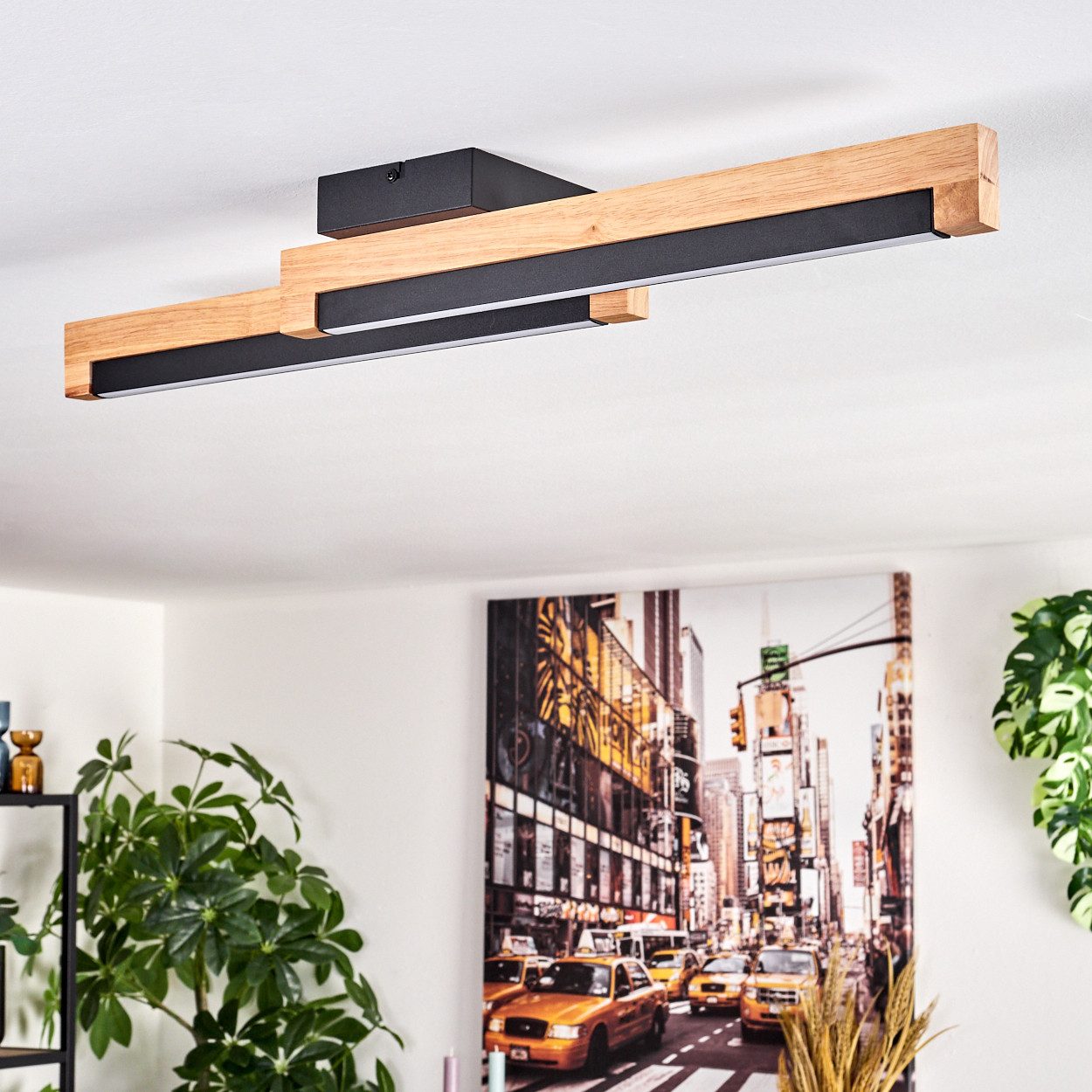 hofstein Deckenleuchte Deckenlampe aus Metall/Holz/Kunststoff in Schwarz/Naturfarben/Weiß, LED wechselbar, 774 Kelvin, skandinavisches Design, Länge 70 cm, 12 W – Bild 5 von 5