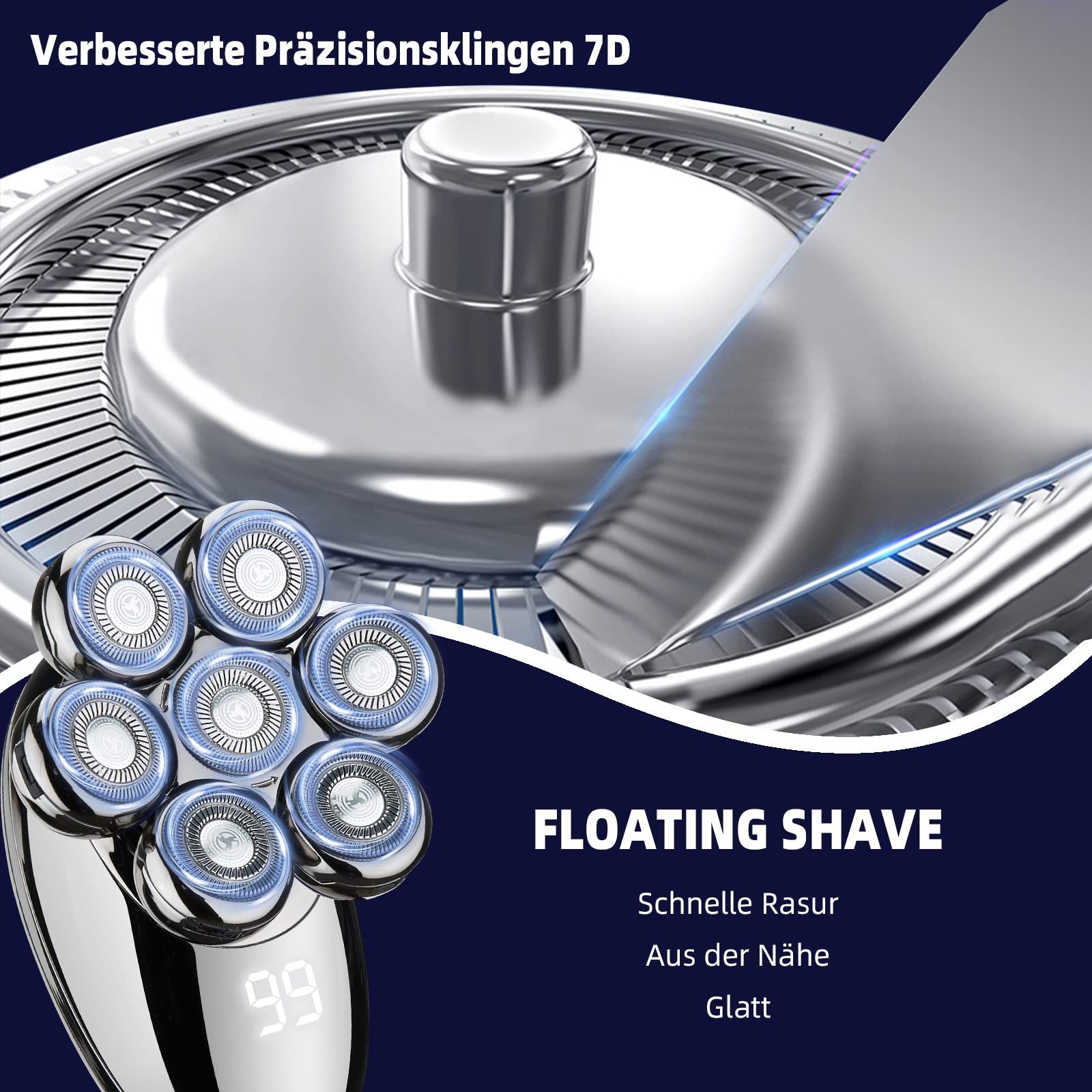 MOPUEA Elektrorasierer 5-in-1 für Herren, Glatzenrasierer mit 7 rotierenden Köpfen, Aufsätze: 5, Haarschneider, wasserdicht, kabellos mit USB wiederaufladbar