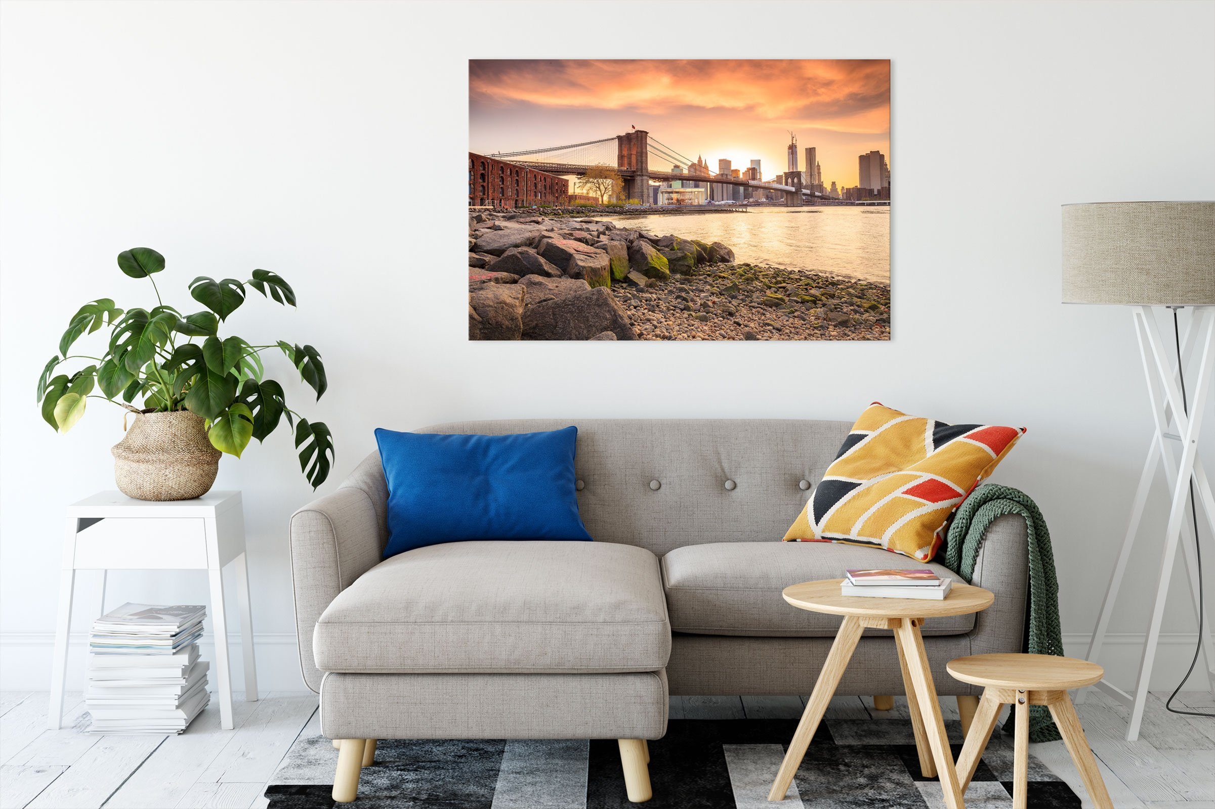 Pixxprint Leinwandbild Brooklyn Bridge Brooklyn (1 Sonnenuntergang Zackenaufhänger inkl. Leinwandbild Bridge bespannt, fertig St), Sonnenuntergang