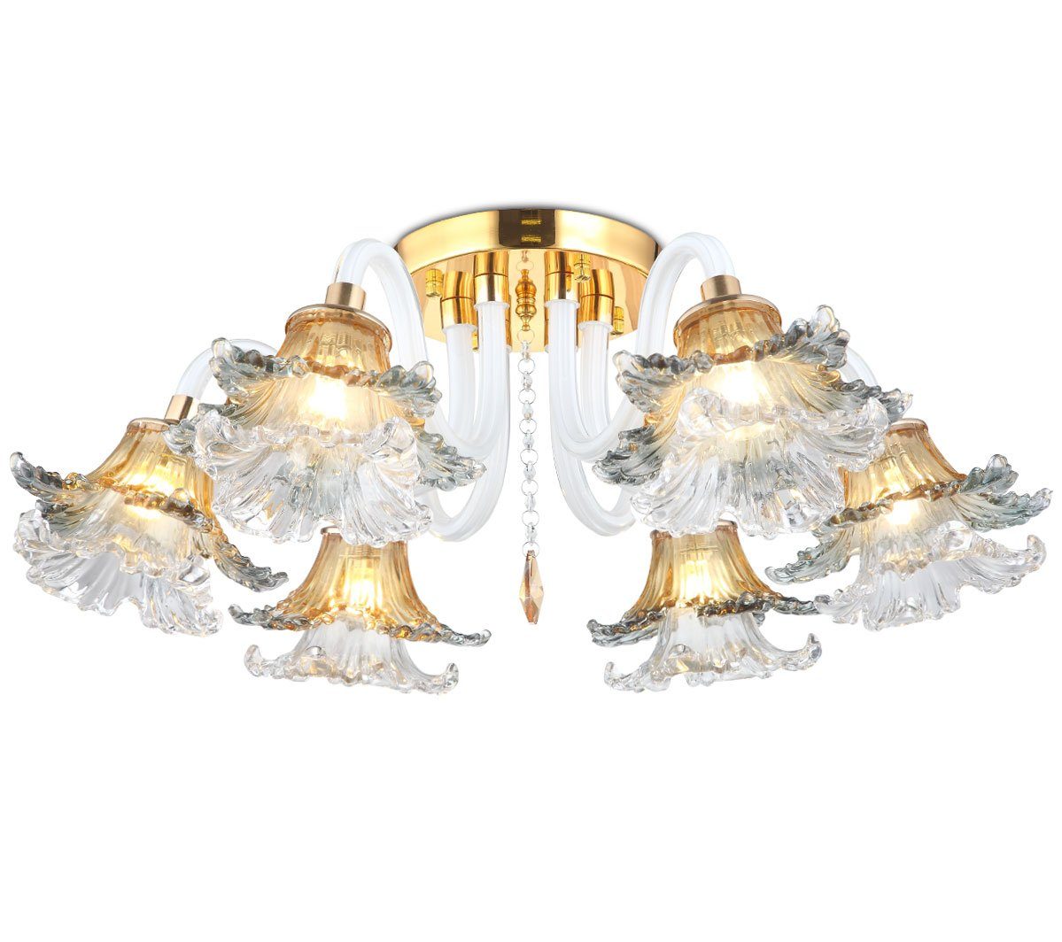 Weiß XL Kronleuchter mit Gold LED Lampenschirmen und 6x Champagner Lichtfarbe G9 Ø60cm Warmweiß, Led, Lewima mit beliebig, Glas Starterkit Stärke Deckenlampe, Deckenleuchte mit 3000K
