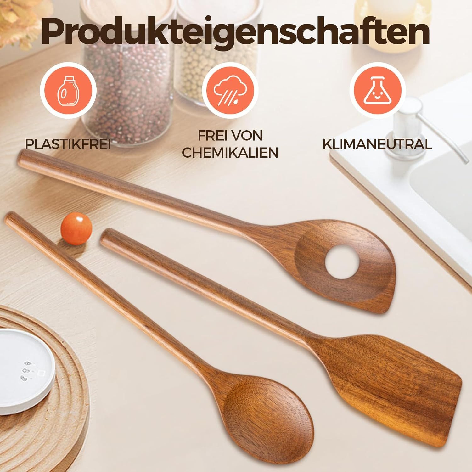 Agger Kochbesteck-Set 3 Stück Kochlöffel Holz, Küchenutensilien, Kochlöffel Set (3-tlg), für Antihaft und Tontöpfe,für Unterschiedliche Kochbedürfnisse – Bild 4 von 5