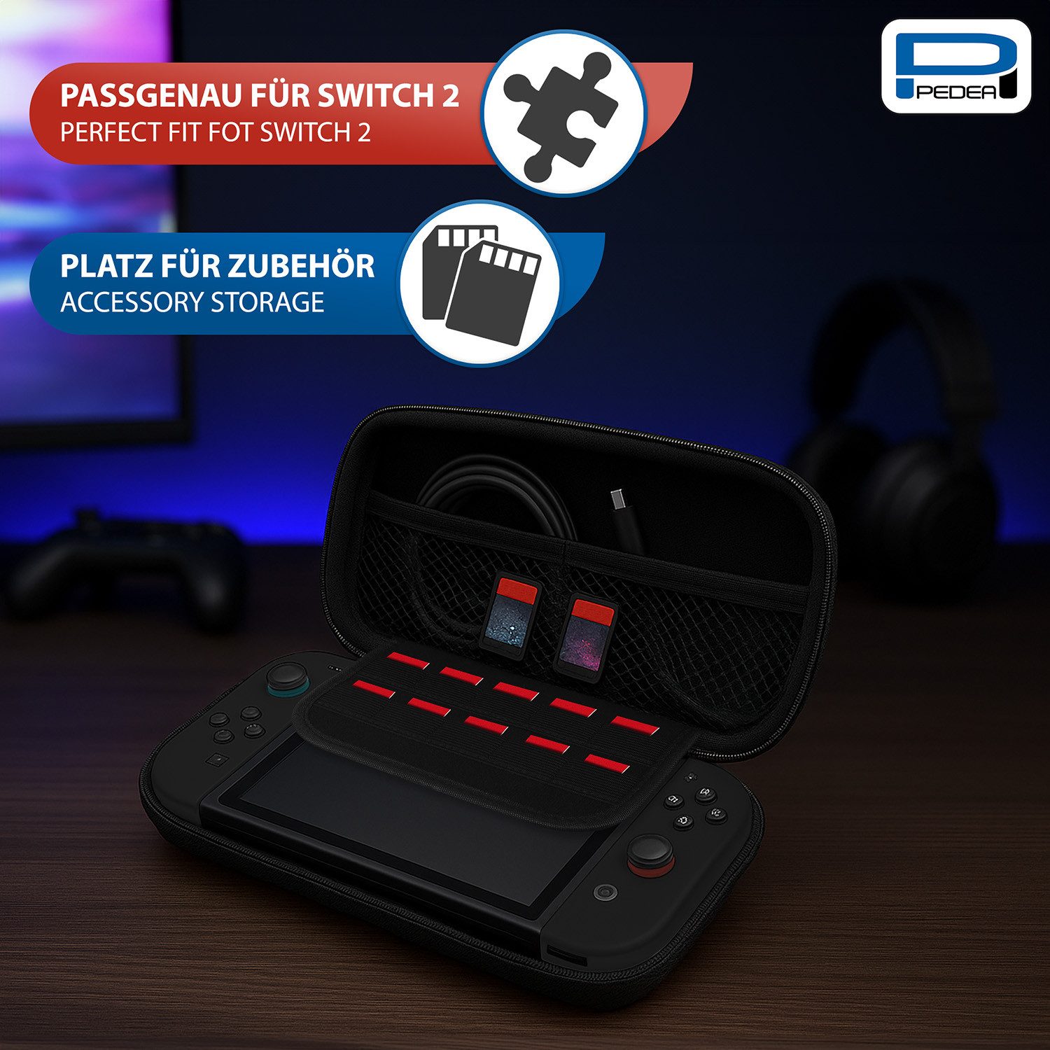 PEDEA Spielekonsolen-Tasche passend für die Nintendo Switch 2, Hardcase Tasche inkl. Zubehörfächer für Kabel und Spiele