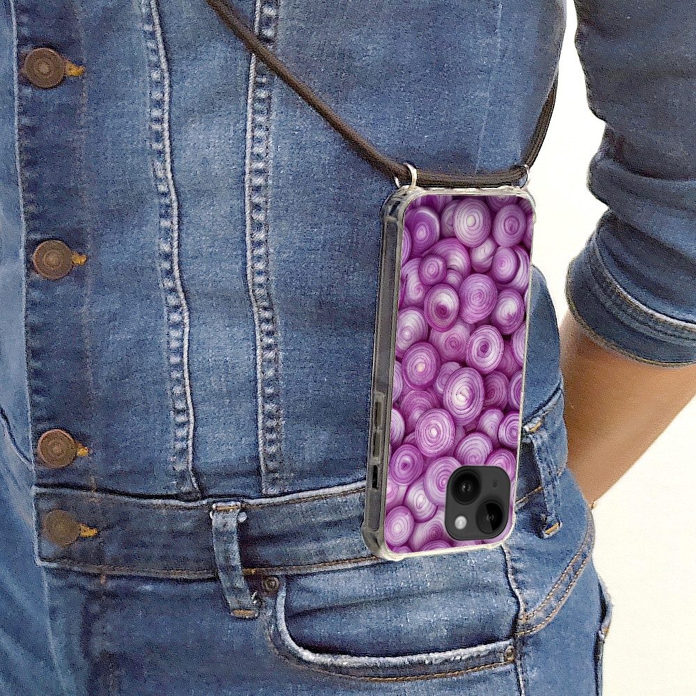 MuchoWow Handyhülle für Apple iPhone 14 Lila - Zwiebeln - Nahaufnahme, Tragbare Handyhüllen mit Kette zum umhängen, Handykette Handyband