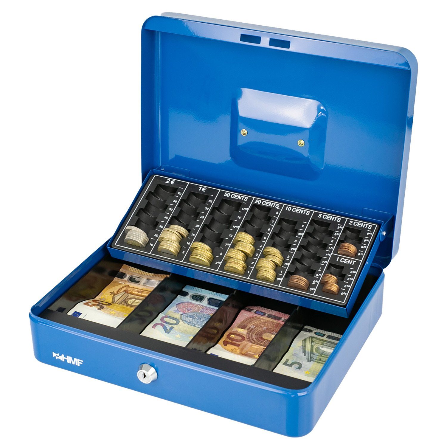 Scheinfach, mit Abschließbare HMF mit Münzzählbrett blau Schlüssel, und Geldbox Bargeldkasse robuste 30,5x24x8,5cm Geldkassette