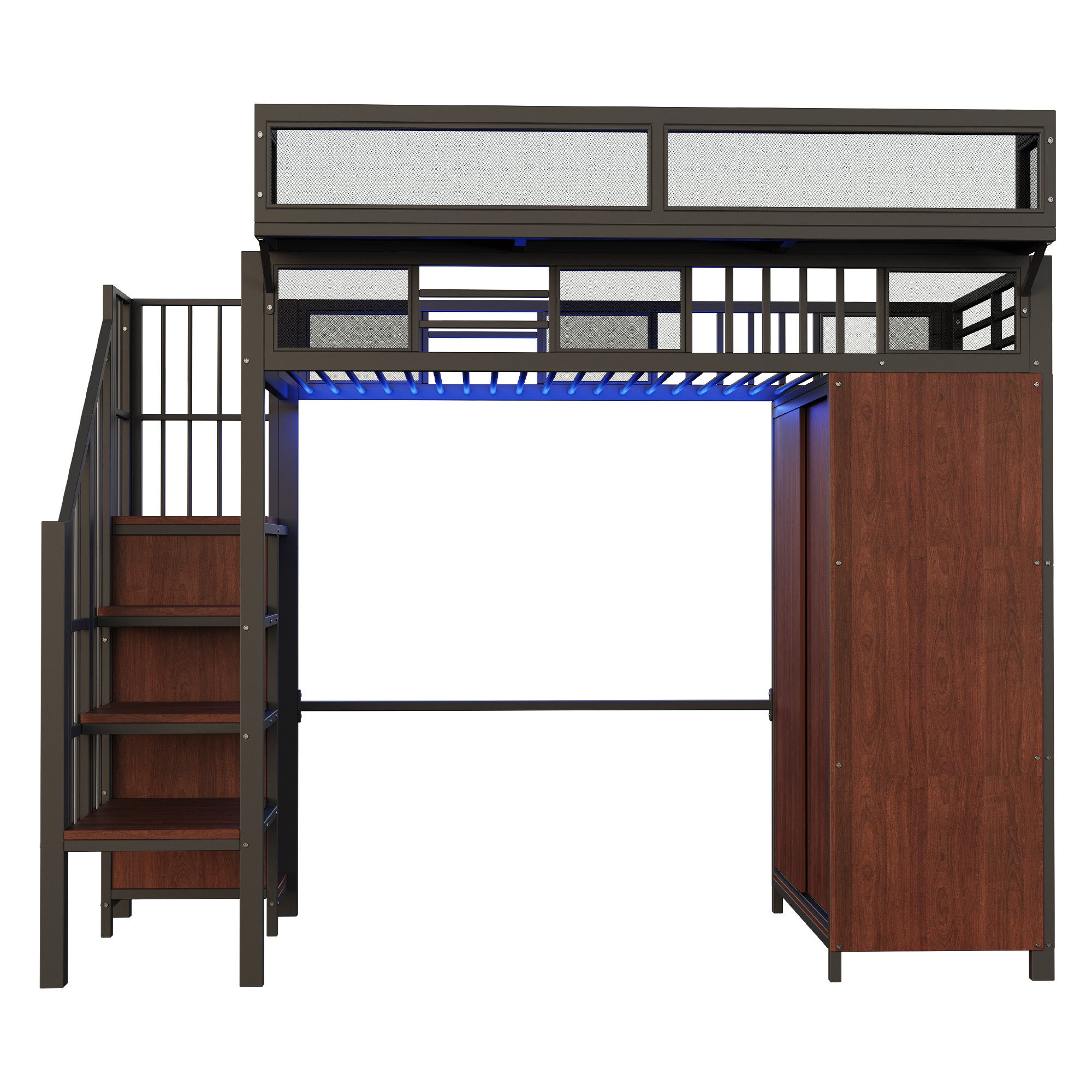 KLAM HOME Hochbett Hochbett Mit Integriertem Kleiderschrank Und LED Beleuchtung (Metall Hochbett 90x200 Mit Sicherheitsleiter Und Netz Gittern) Platzsparendes Etagenbett Mit Schreibtisch Für Jugendliche