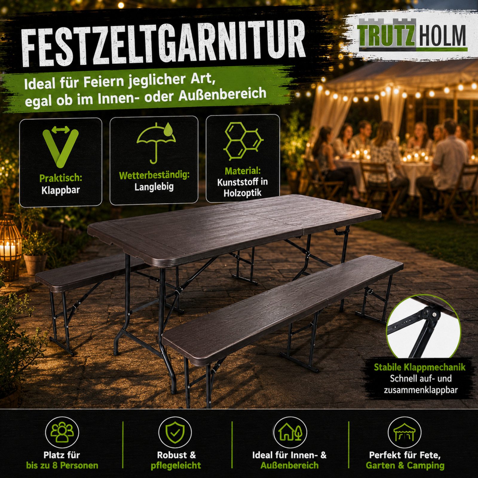 TRUTZHOLM Bierzeltgarnitur Bierzeltgarnitur 180x75 cm klappbar graue Holzoptik 2 Bänke & Tisch, (3-tlg., 2 Bierbänke,1 Tisch)
