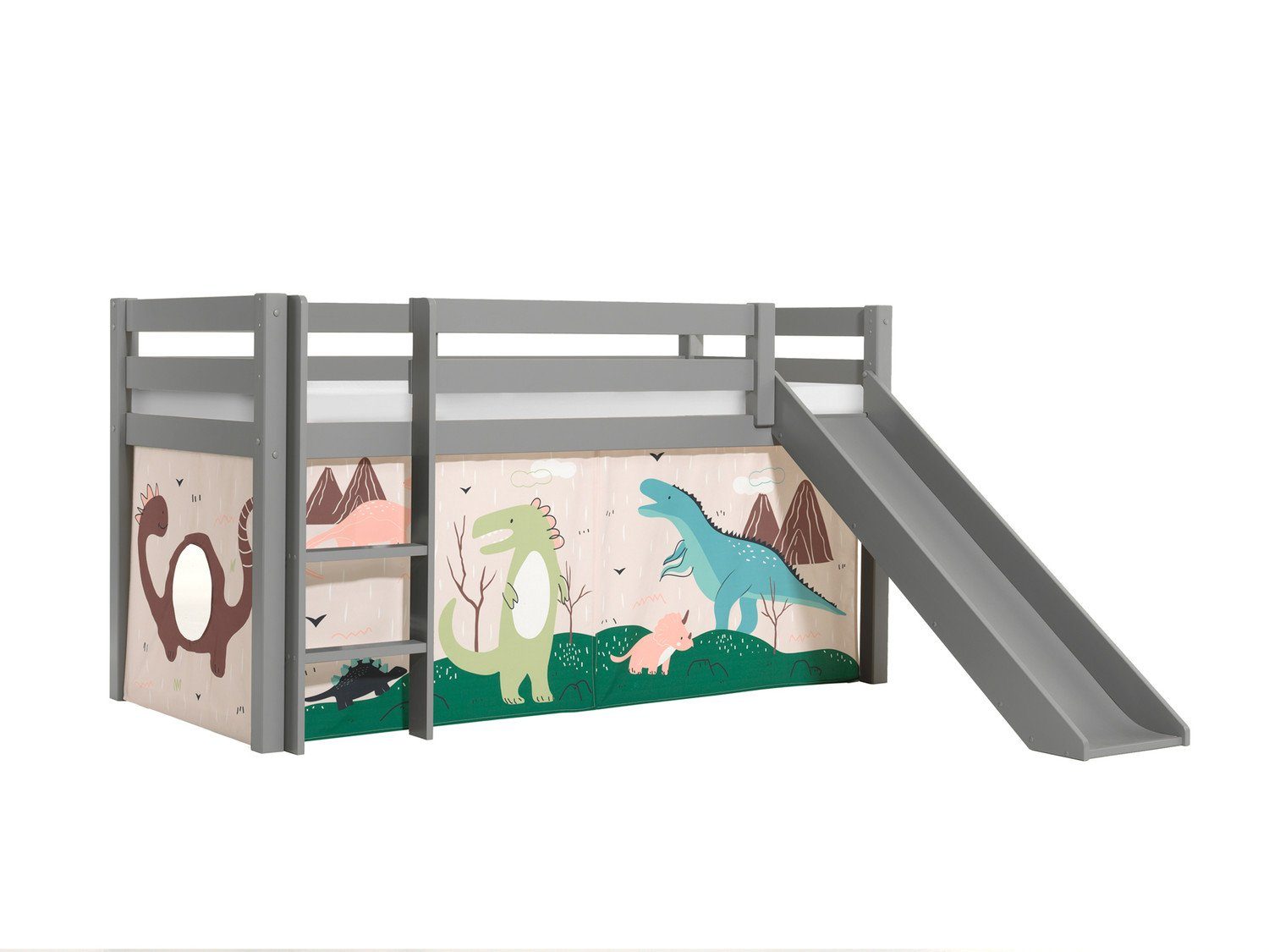 Natur24 Kinderbett »Halbhohes Bett Pino mit Rutsche und Textilset Dino  Kiefer Grau«
