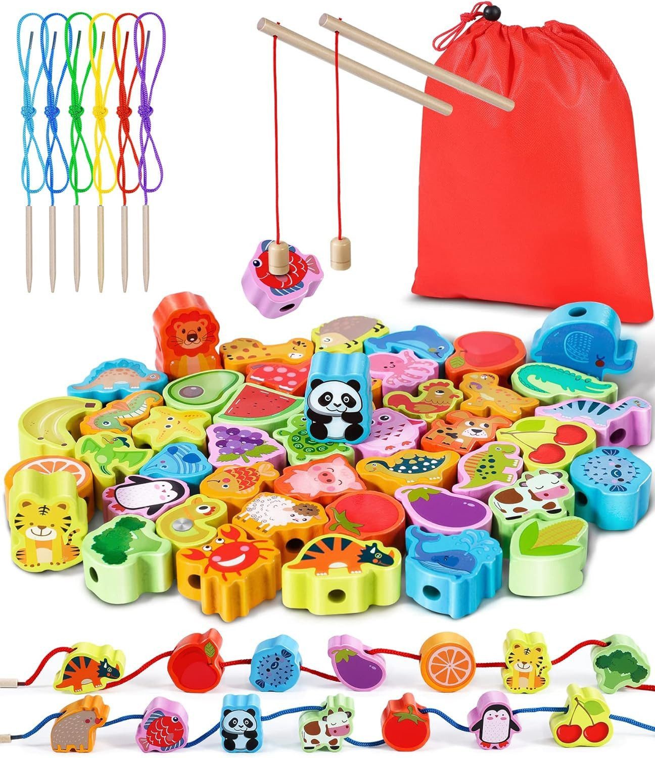 POPOLIC Lernspielzeug 2 in 1 Fädelspiel Montessori Spielzeug (46 Psc Magnetisches Angelspiel Spiele ab 2 3 Jahre - Obst GemüSe Tiere Holzspielzeug, 1-St), Lernspiele Motorikspielzeug Geschenk für Kinder