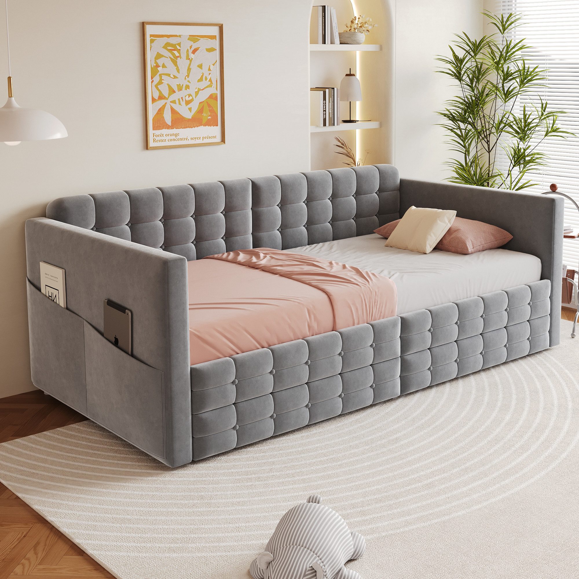 Merax Daybett 90×190cm mit klassischem Karomuster (Schlafsofa Sofabett Jugendbett Kinderbett, 1 tlg), Polsterbett Tagesbett mit seitlichen Staufächern, 2 Schubladen, Samt