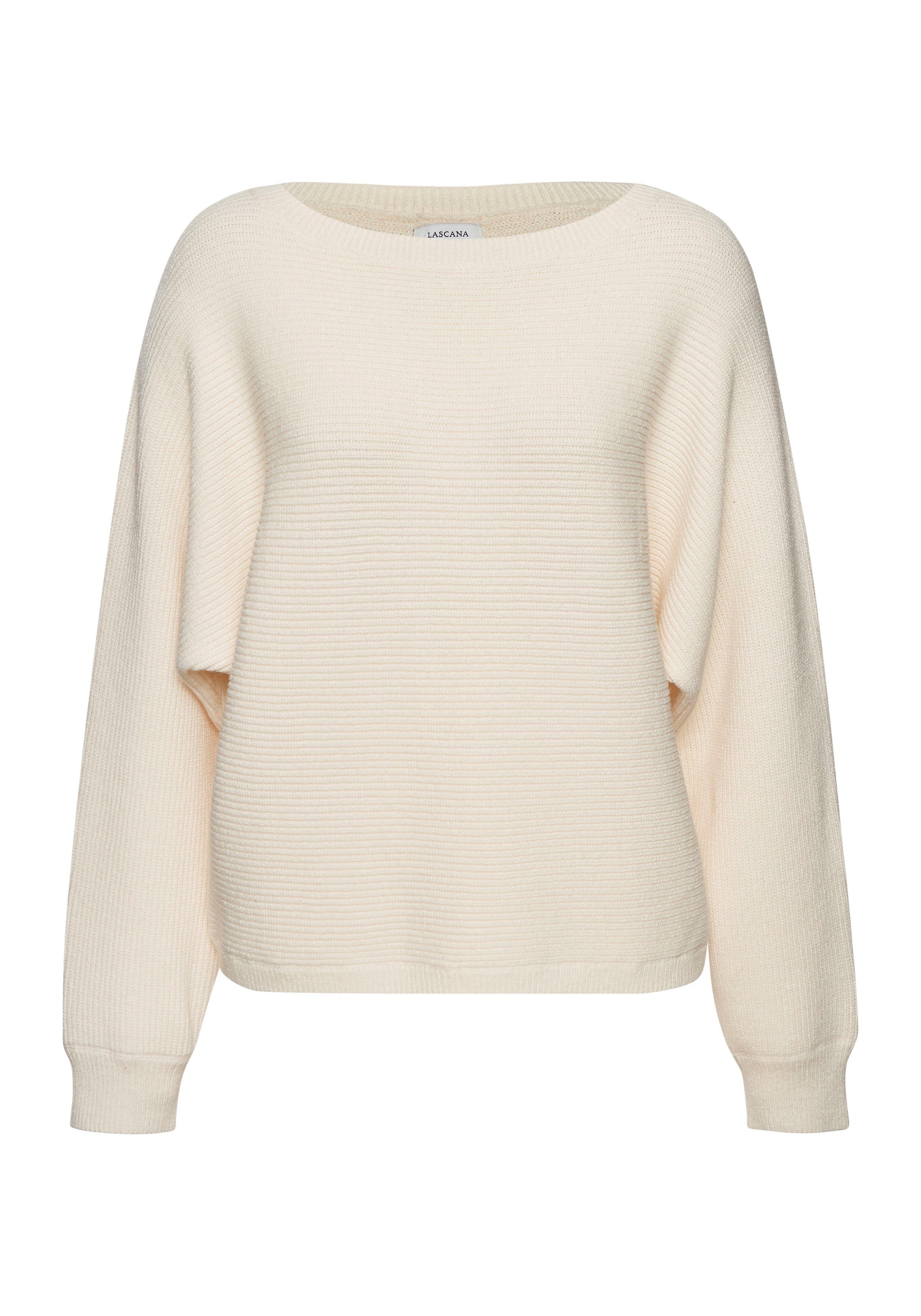 LASCANA Rundhalspullover aus Rippstrick mit Zierknöpfen am Rücken lässiger Fledermauspullover, lockerer Strickpullover, Oversize – Bild 2 von 5