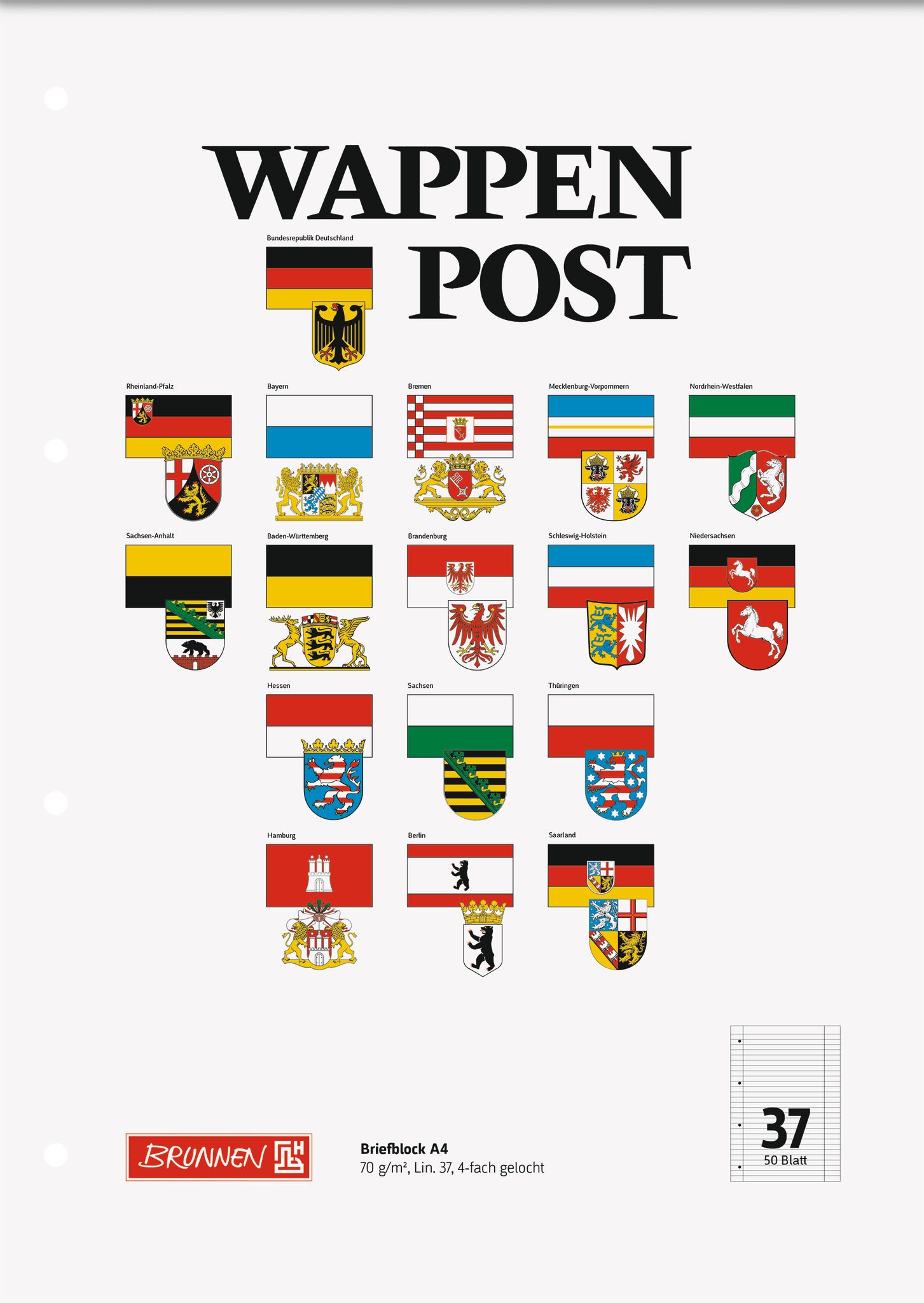 BRUNNEN Hefter Block "Wappen-Post" A4 liniert, mit Randlinie innen und außen, Lin. 37