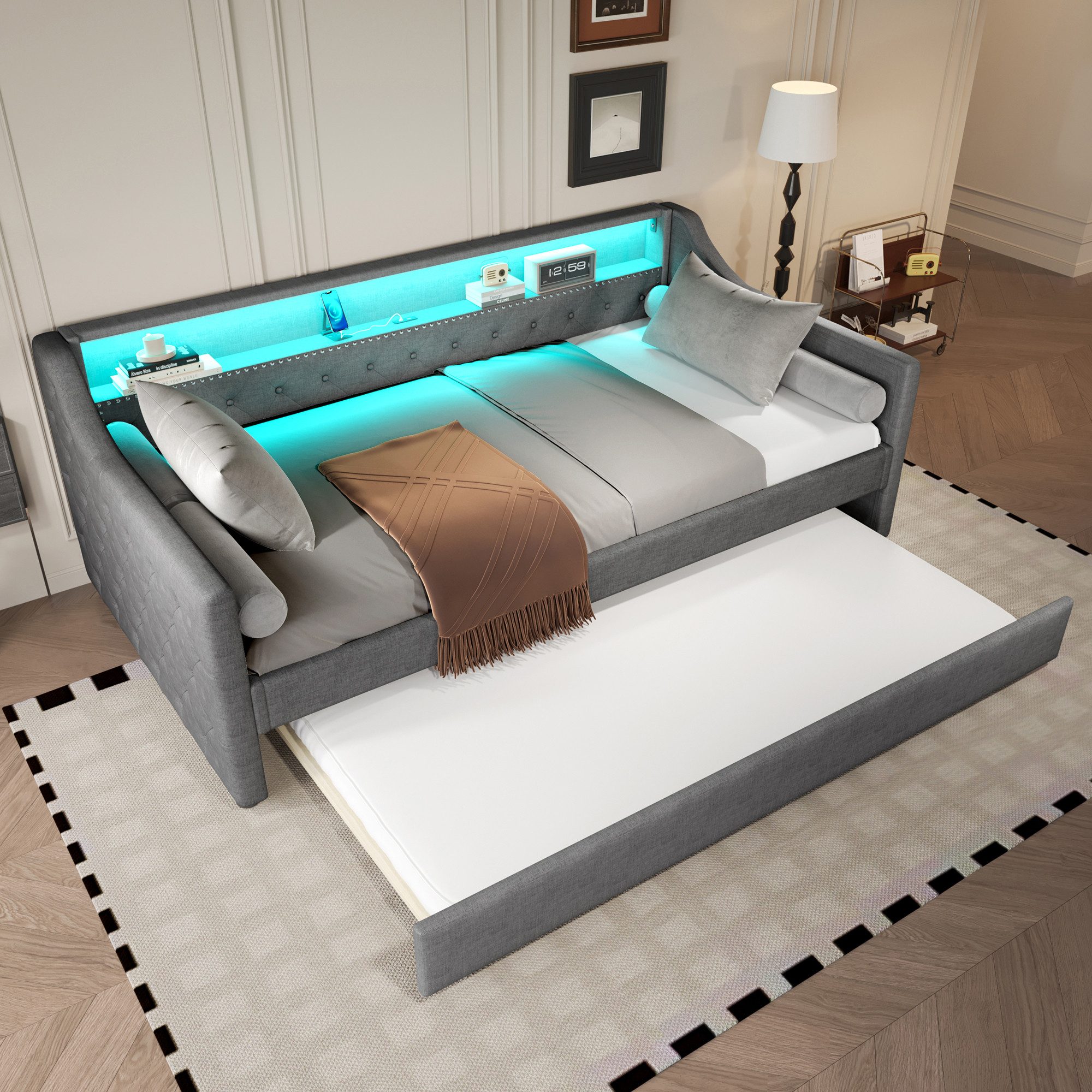 Odikalo Daybett Schlafsofa Tagesbett 90x200cm Lattenrost Ambientelicht Ausziehbar USB