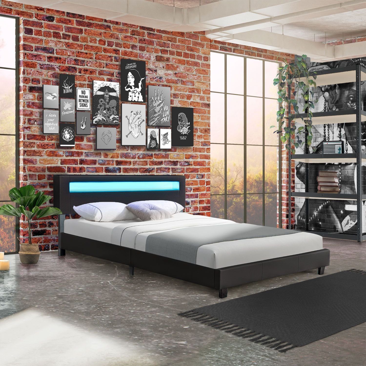 JUSKYS Polsterbett PARIS 160x200 cm, bunte LED-Beleuchtung - Einrichtungsbeispiel