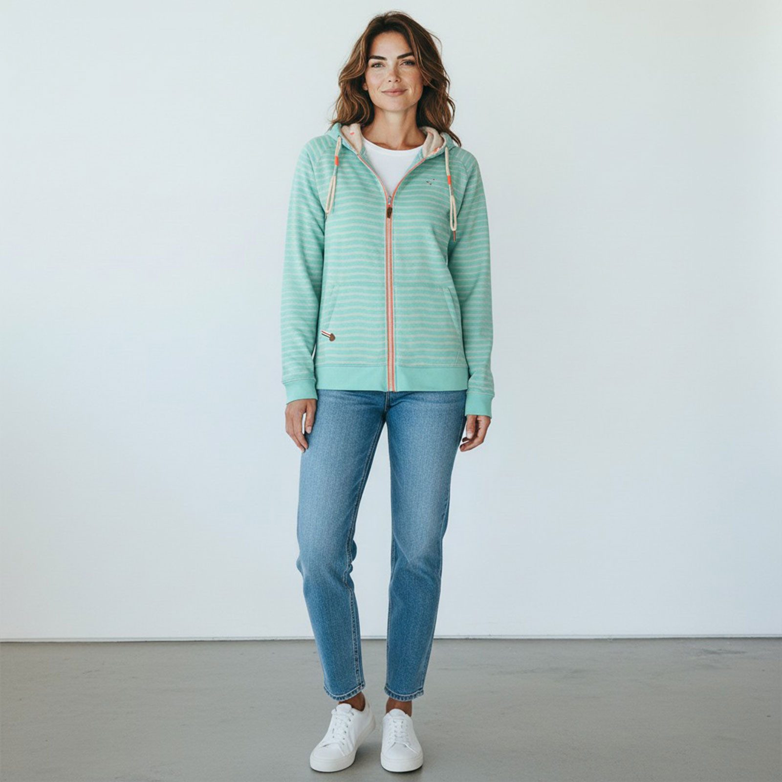 modAS Kapuzensweatjacke Damen Sweatjacke 40715 Streifen mit Kapuze - Gestreifte Freizeitjacke Modische Kapuzenbänder, Frontreißverschluss, Eingrifftaschen, Bündchen