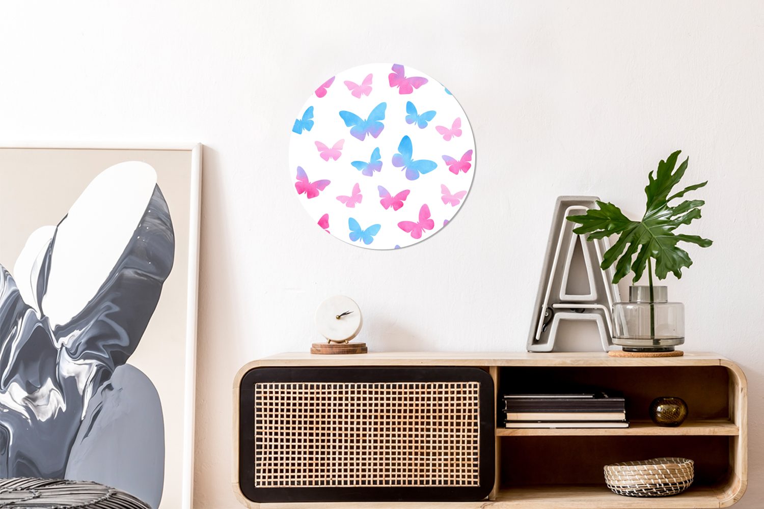 Gemälde MuchoWow Rundes von Kreis Eine 30x30 Wohnzimmer, Wanddekoration Wandbild, (1 blauen St), Illustration und cm Forex, rosa Schmetterlingen,