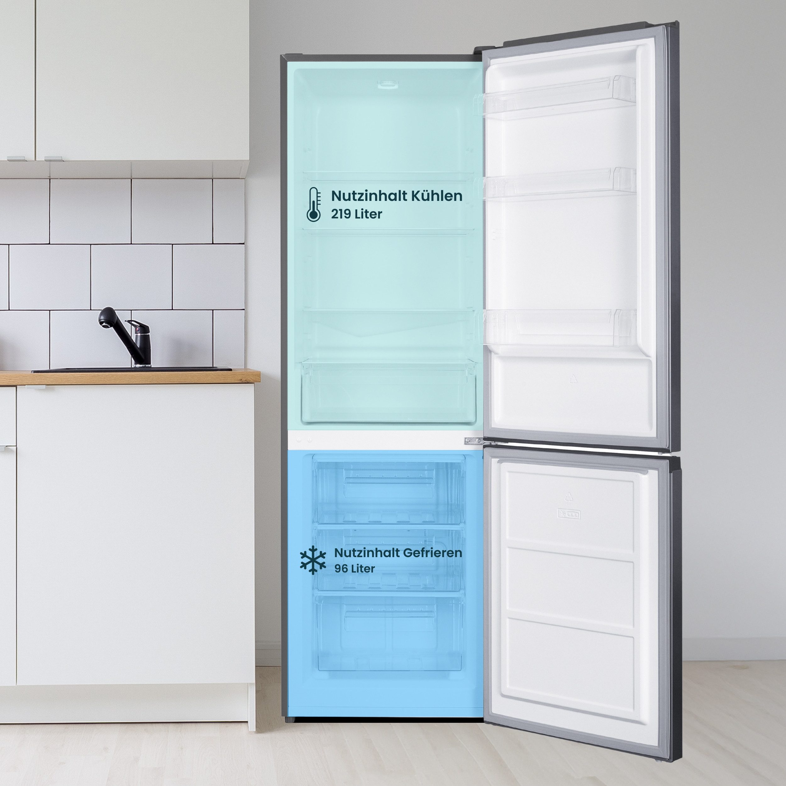 homeX Kühl-/Gefrierkombination CFS3151C-S, 186 cm hoch, 60 cm breit, 315 Liter Nutzinhalt, Kühlschrank mit Gefrierfach, freistehend, groß – Bild 4 von 5