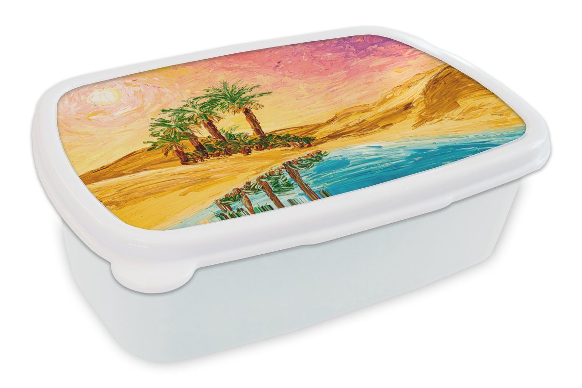 MuchoWow Lunchbox Gemälde - Öl - Palme - Natur - Wasser, Kunststoff, (2-tlg), Brotbox für Kinder und Erwachsene, Brotdose, für Jungs und Mädchen weiß