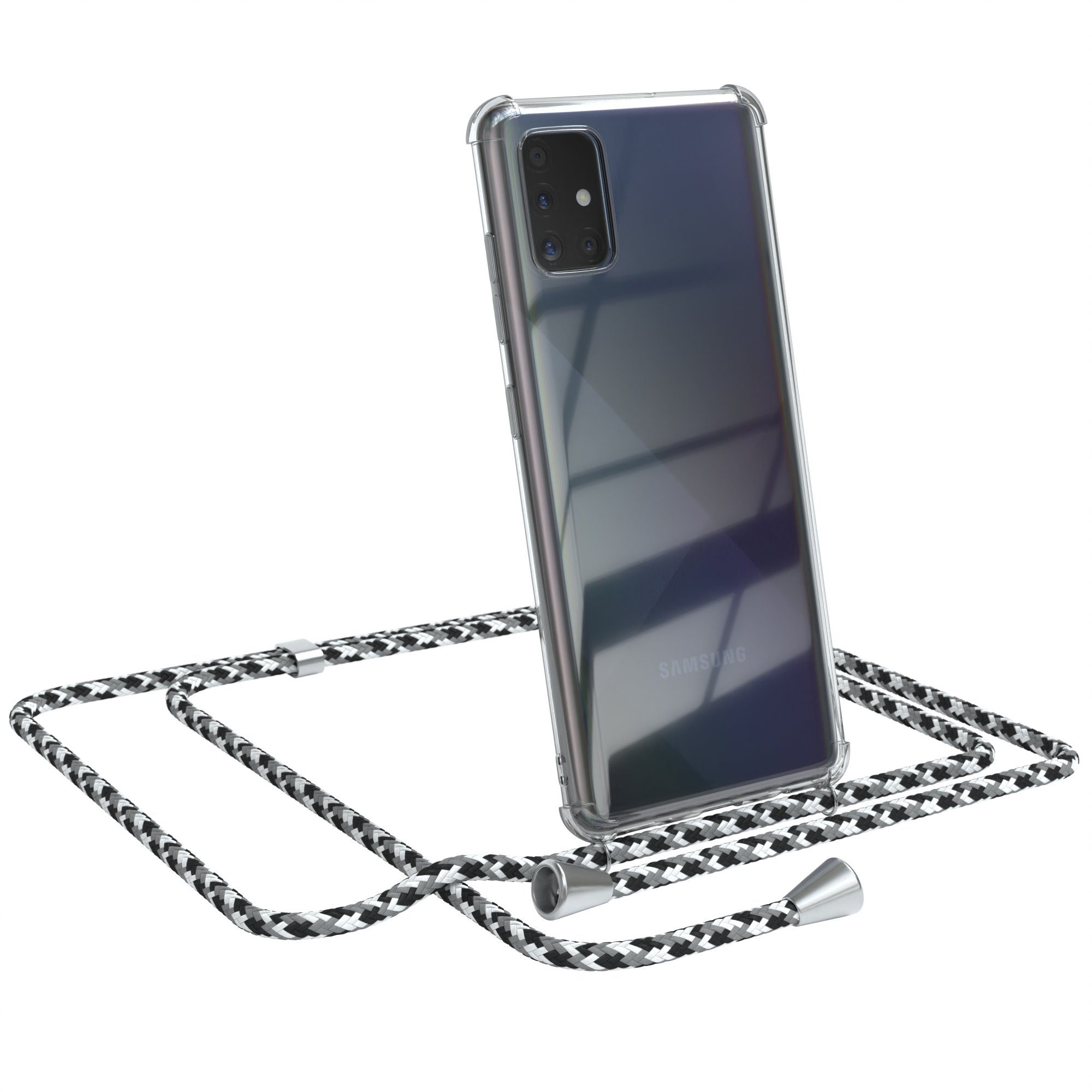 EAZY CASE Handykette Hülle mit Kette für Samsung Galaxy A51 6,5 Zoll, Kette zum Umhängen mit Umhängeband mit Riemen Schwarz Camouflage