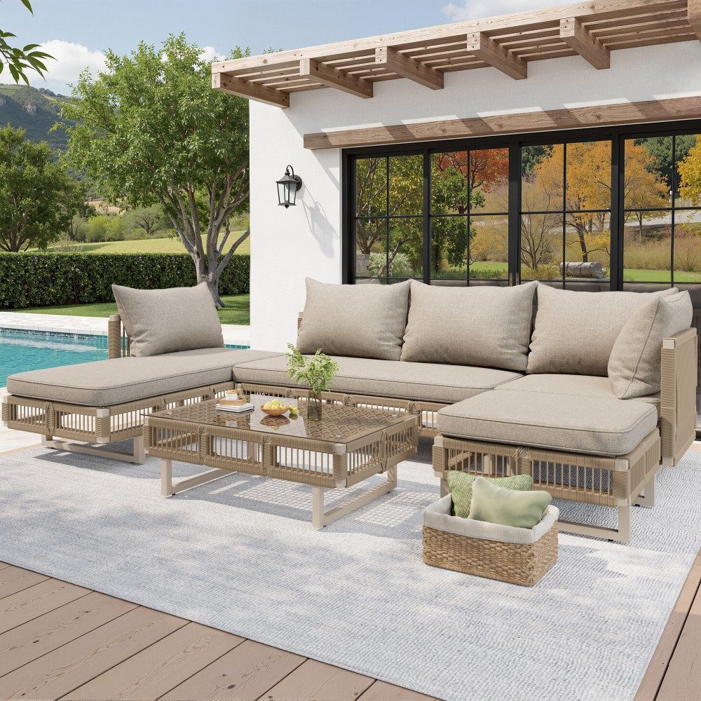 Ulife Gartenlounge-Set Seilgeflecht-Sitzgruppe modular, Glastisch, 10cm Kissen, beige/grün, beige