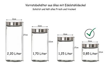 BigDean Vorratsdose Vorratsglas 0,85 L Glas Schraubglas Edelstahldeckel Vorratsgläser, Glas, (1-tlg)