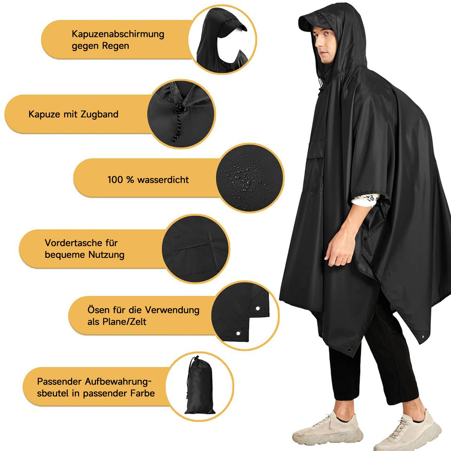 MOPUEA Regenmantel Regenponcho Regenjacke Wasserdicht Größe Regenponcho160×210 cm (Leicht, Faltbar) 3-in-1 Outdoor Poncho mit Kapuze und Tasche