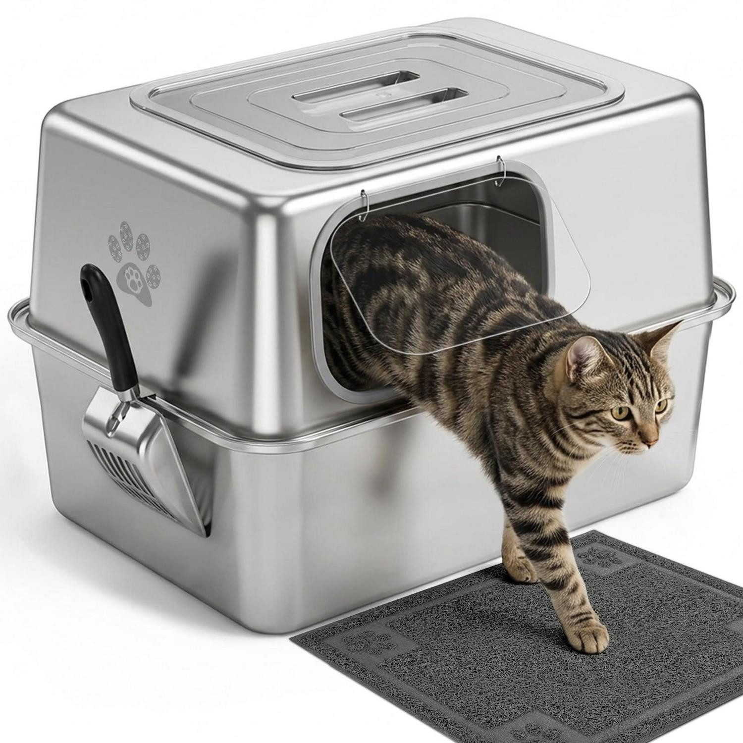 LuxusKollektion Katzentoilette XXL Edelstahl Katzenklo mit Deckel Hochwandig