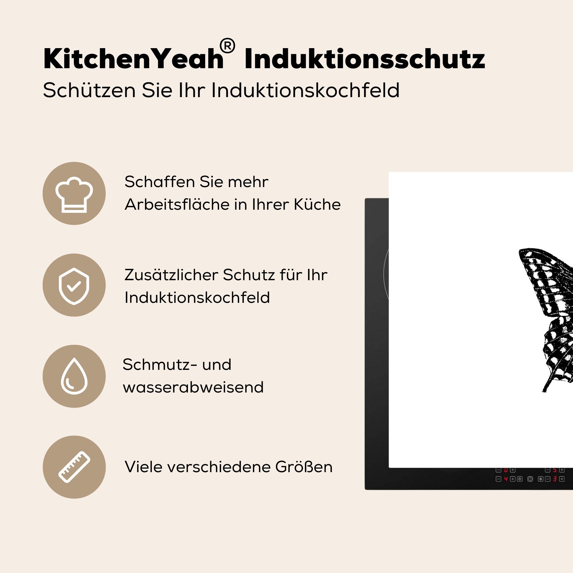 MuchoWow Herdblende-/Abdeckplatte Schmetterling weiß, cm, - Tiere Vinyl, Ceranfeldabdeckung küche, tlg), Retro für und 80x52 (1 - Schutz die Induktionskochfeld - Schwarz