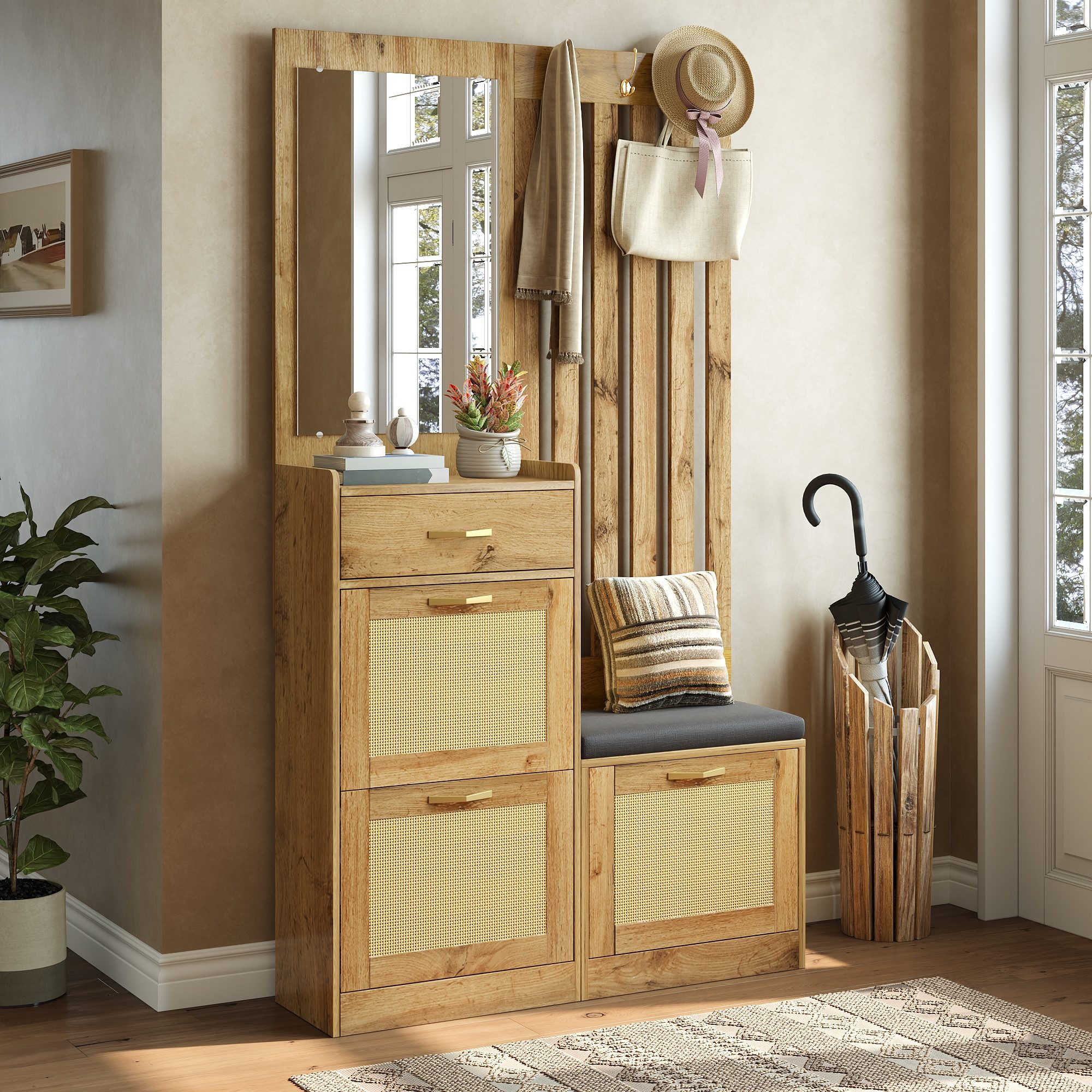 HAUSS SPOLE Garderoben-Set Flurgarderobe mit Spiegel,Flurmöbel mit Schuhschrank & Haken,Natur, (Flurschrank Wohnzimmerschrank mit Rattanoptik-Türen und Schuhklappfächern), platzsparendes Eingangsbereich-Möbel