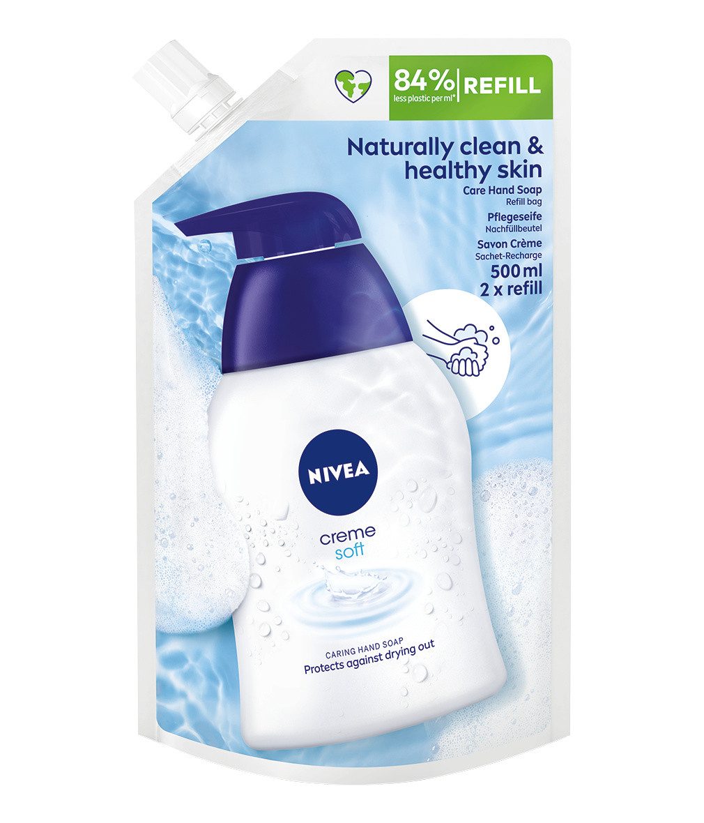 Nivea Flüssigseife Creme Soft Handwäsche schonend Nachfüllbeutel 4 x 500 ml, 4-tlg., Mandelöl