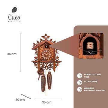 Cuco Clock Pendelwanduhr Kuckucksuhr Schwarzwalduhr "Am Bahnhäusle" Wanduhr aus Holz (30 x 35 x 36cm, 8 - Tage Werk, manuelle Nachtabschaltung)