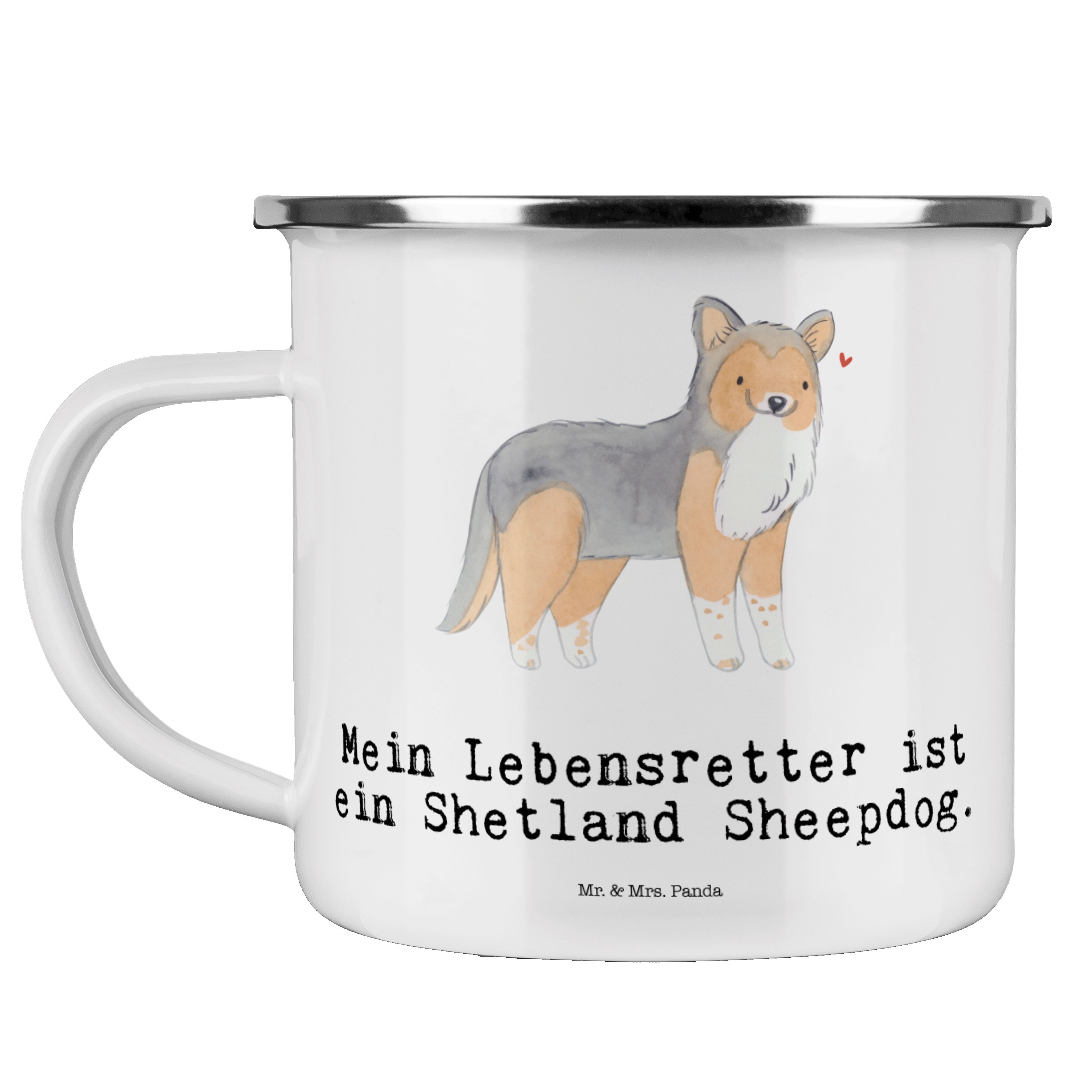 Geschenk, Shetland & Emaille - Mr. Lebensretter Becher - Trinkbecher, Mrs. Sheepdog Weiß Panda Welpe,