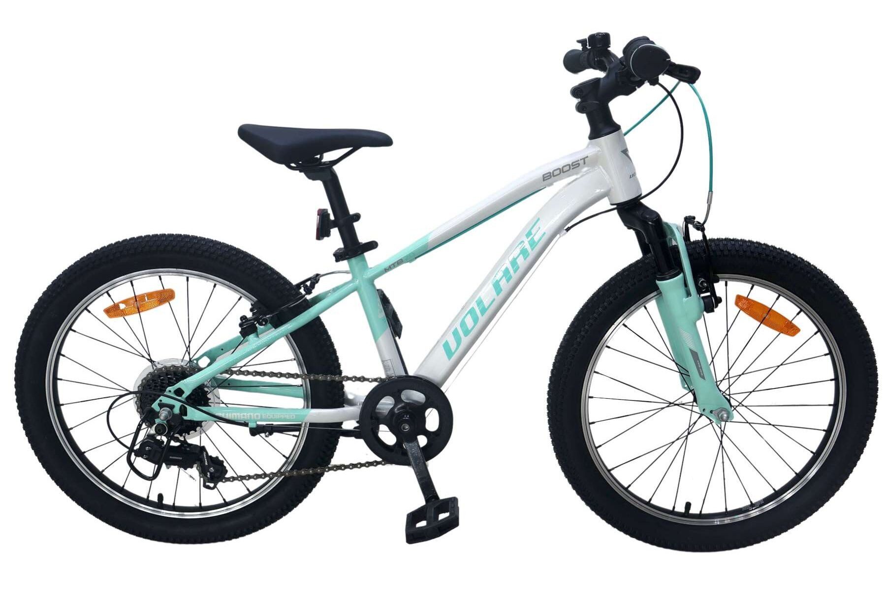 Volare Kinderfahrrad Boost 24 Zoll mit 21 Gängen und sportlichem Design in Weiß/Mintgrün, Shimano 21-Gang, Handbremsen, Reflektoren, Klingel, Ständer