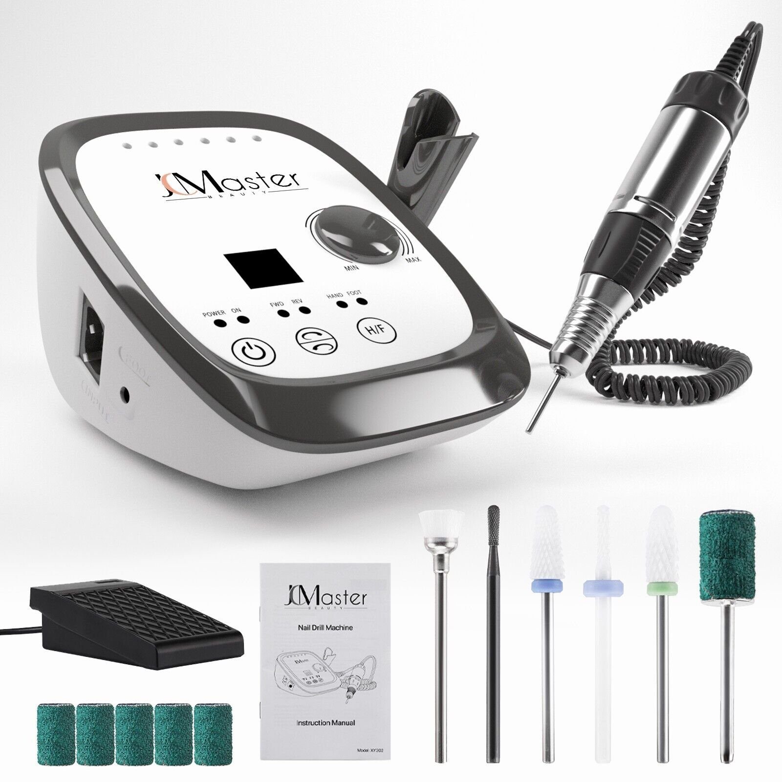 JCMaster Maniküre-Pediküre-Set Nagelfräser Profi 35.000 U/Min, inkl 6x Bits, elektrische Nagelfeile für Gelnägel Acrylnägel, mit Fußpedal