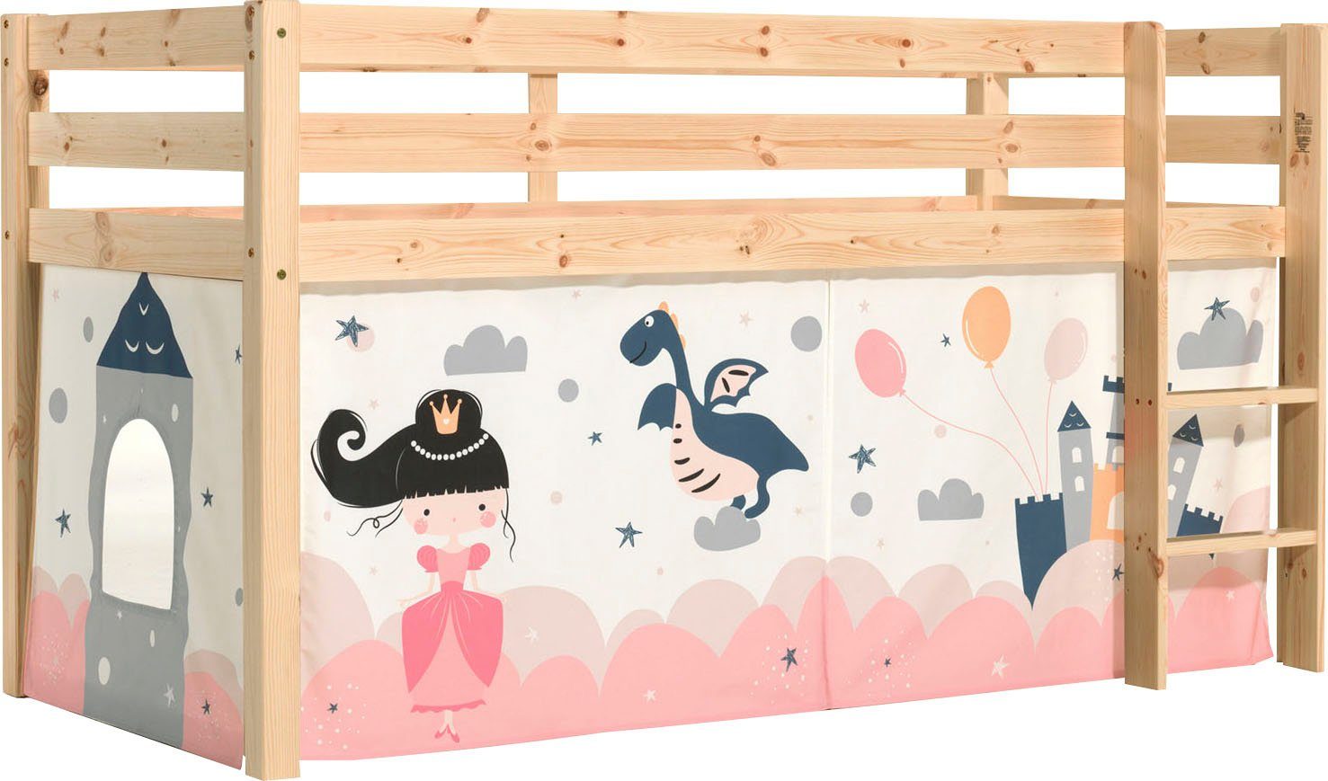 Vipack Spielbett Pino, Kiefer massiv, mit Rolllattenrost u. Textil-Set, Made in Europe (B/H/T ca. 210x114x106cm, mit Leiter und Absturzschutz), verschiedene Textil Dessins, 3 Gestellfarben zur Wahl