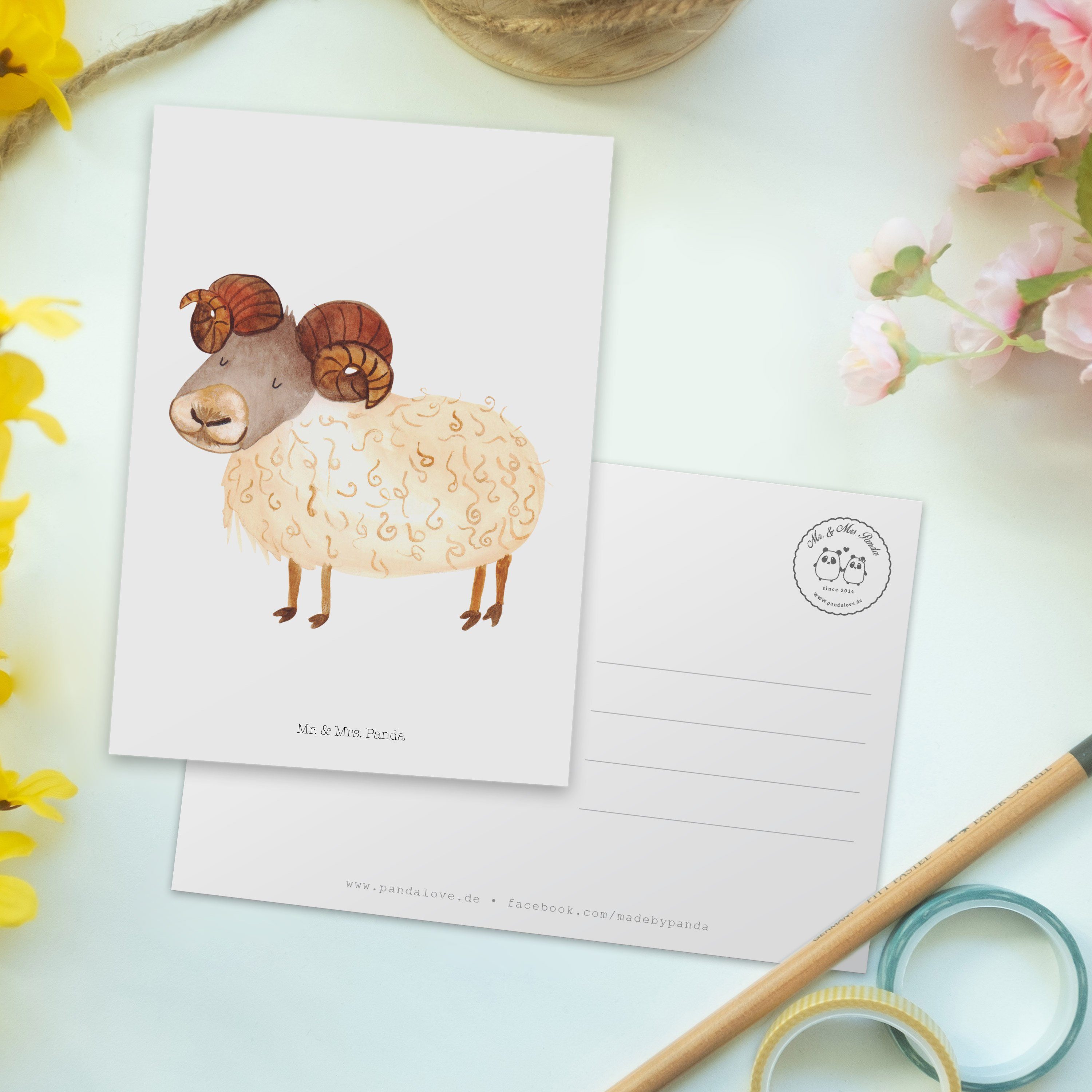 Mr. & Geschenk, - Einladungskarte - Panda Mrs. Widder Postkarte Sternzeichen Geschenkkarte, Weiß