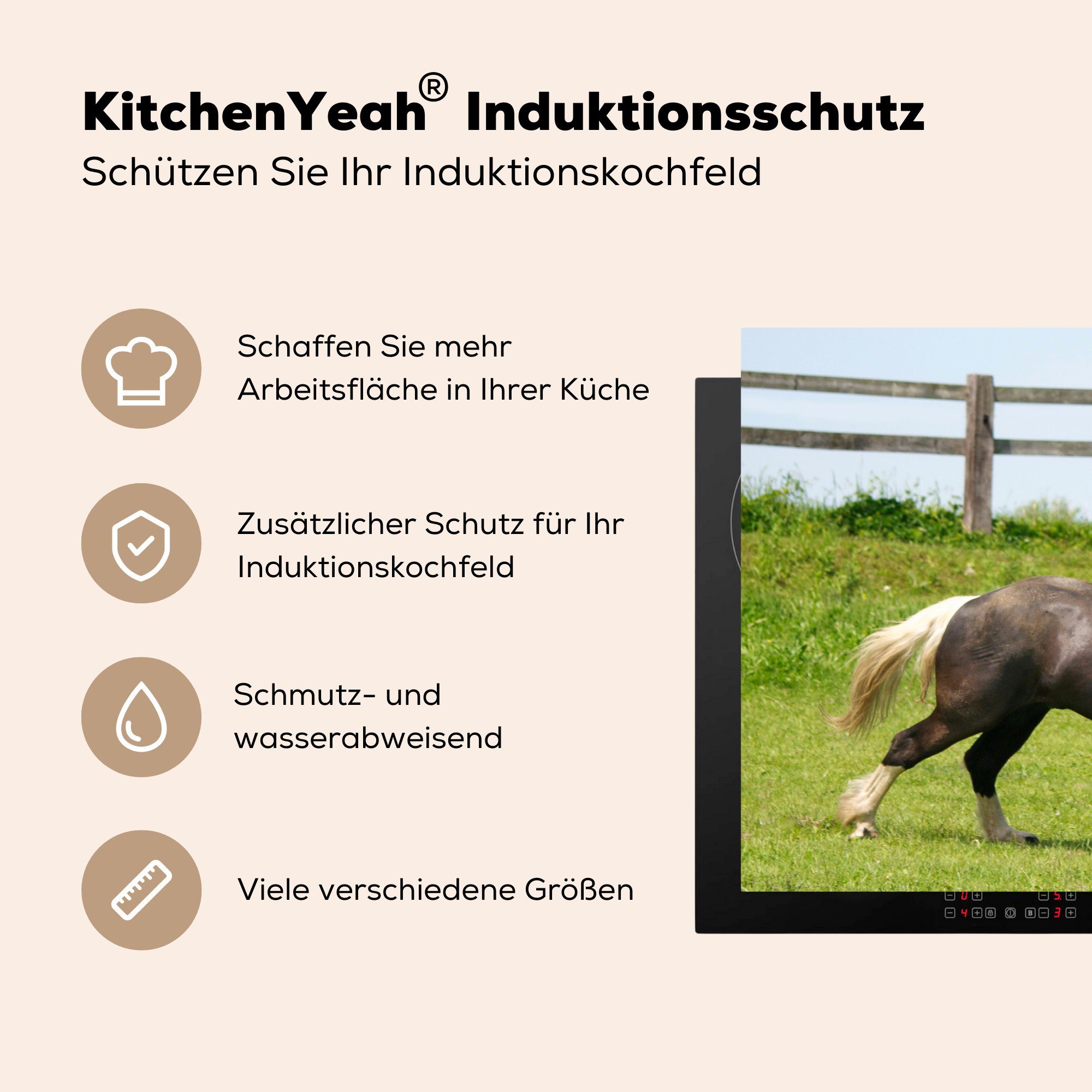 MuchoWow Herdblende-/Abdeckplatte Pferde - 78x52 Zaun, - cm, Gras Ceranfeldabdeckung Mobile (1 nutzbar, Vinyl, tlg), Arbeitsfläche