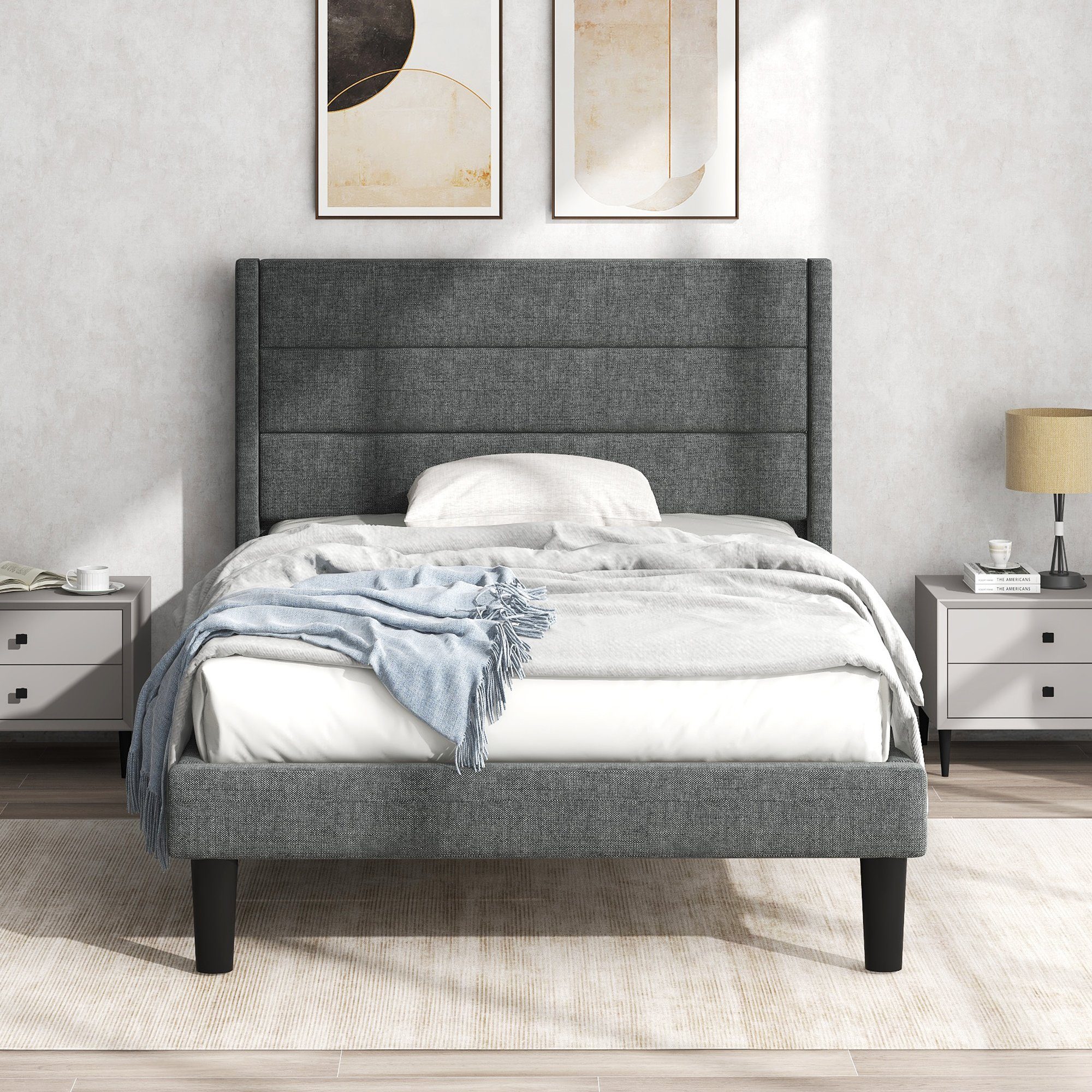 Polsterbett, 90 x 200 cm Einzelbett Jugendbett mit Lattenrost & Kopfteil, Leinen