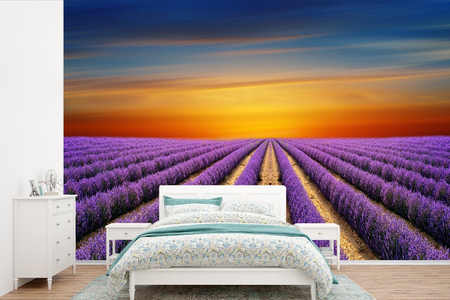 MuchoWow Fototapete Ein großes Lavendelfeld mit einem farbenfrohen Himmel, Matt, bedruckt, (6 St), Wallpaper für Wohnzimmer, Schlafzimmer, Kinderzimmer, Vinyl Tapete