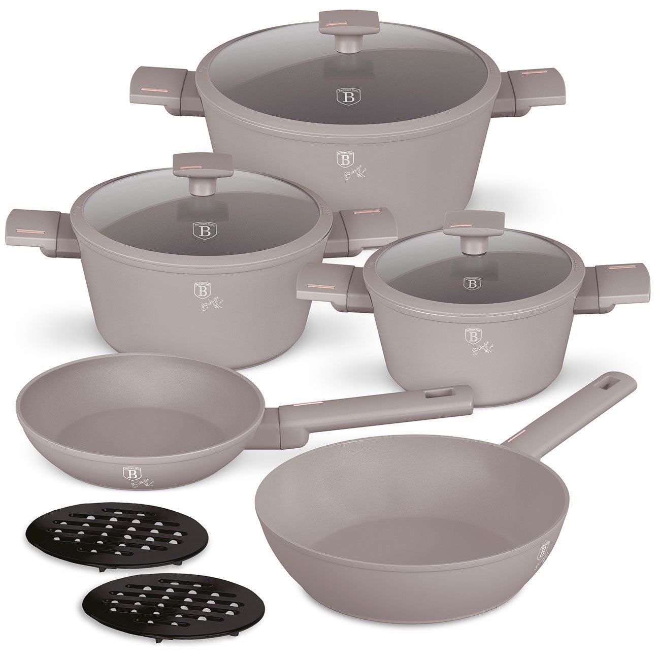 BerlingerHaus Topf-Set Premium Alu Kochset 10-teilig, Titan-Antihaft, Induktion, matt Taupe, (10-tlg), 10-teiliges Alutopf-Set mit Titan-Beschichtung & Siebdeckeln in Taupe
