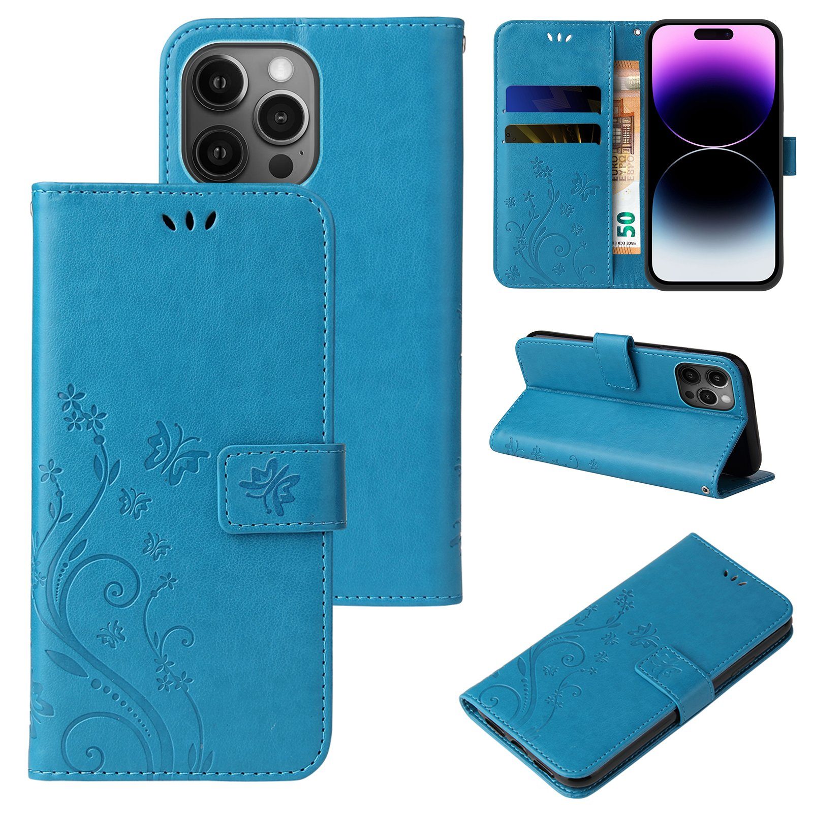 Tec-Expert Handyhülle Cover Tasche Hülle für Apple iPhone 14 Pro 6,1 Zoll, Klapphülle Case mit Kartenfach Fliphülle aufstellbar, Motiv Blumen