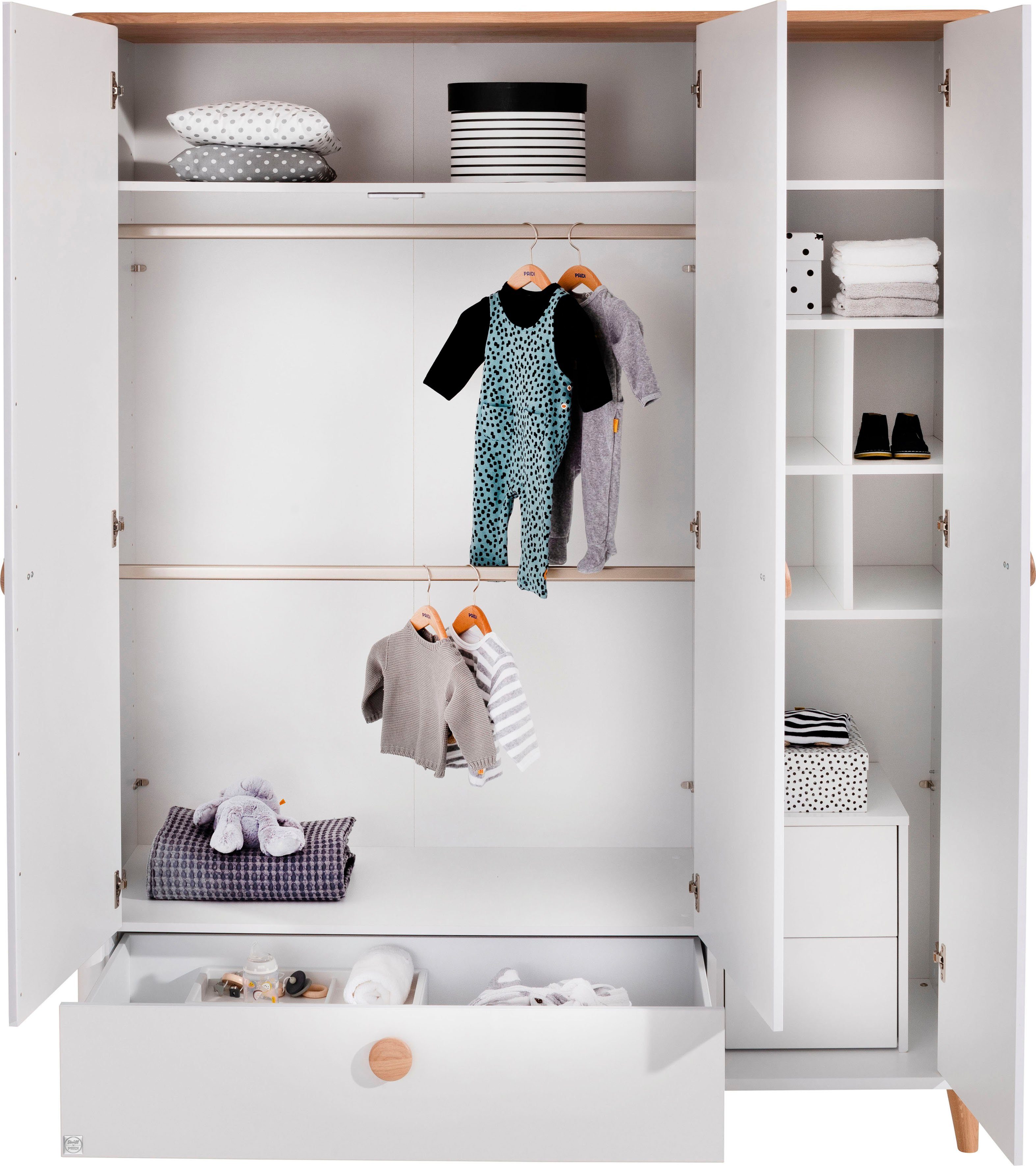 PAIDI Kleiderschrank LOTTE & FYNN Steiff by PAIDI, 3 Türen und 1 Schublade mit Soft-Close inkl. Kleiderstangen und Einlegeböden, Schrank in Weiß mit Massivholz