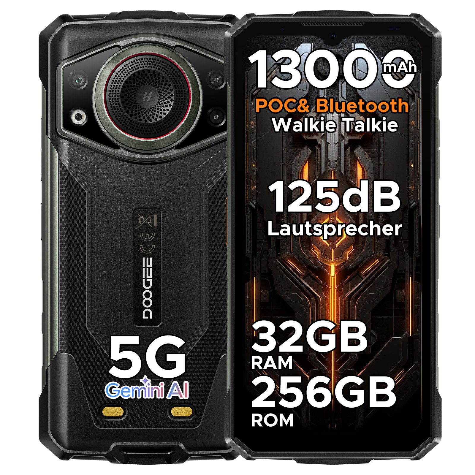 DOOGEE FIRE7ULTRA 5G Android15 13000mAh 256 GB, Outdoor Handy 6.56'' Smartphone (6.56 Zoll, 256 GB Speicherplatz, 64 MP Kamera, Bluetooth-/POC-Gegensprechanlage, SOS/PTT-Tasten, 125dB-3,5W)