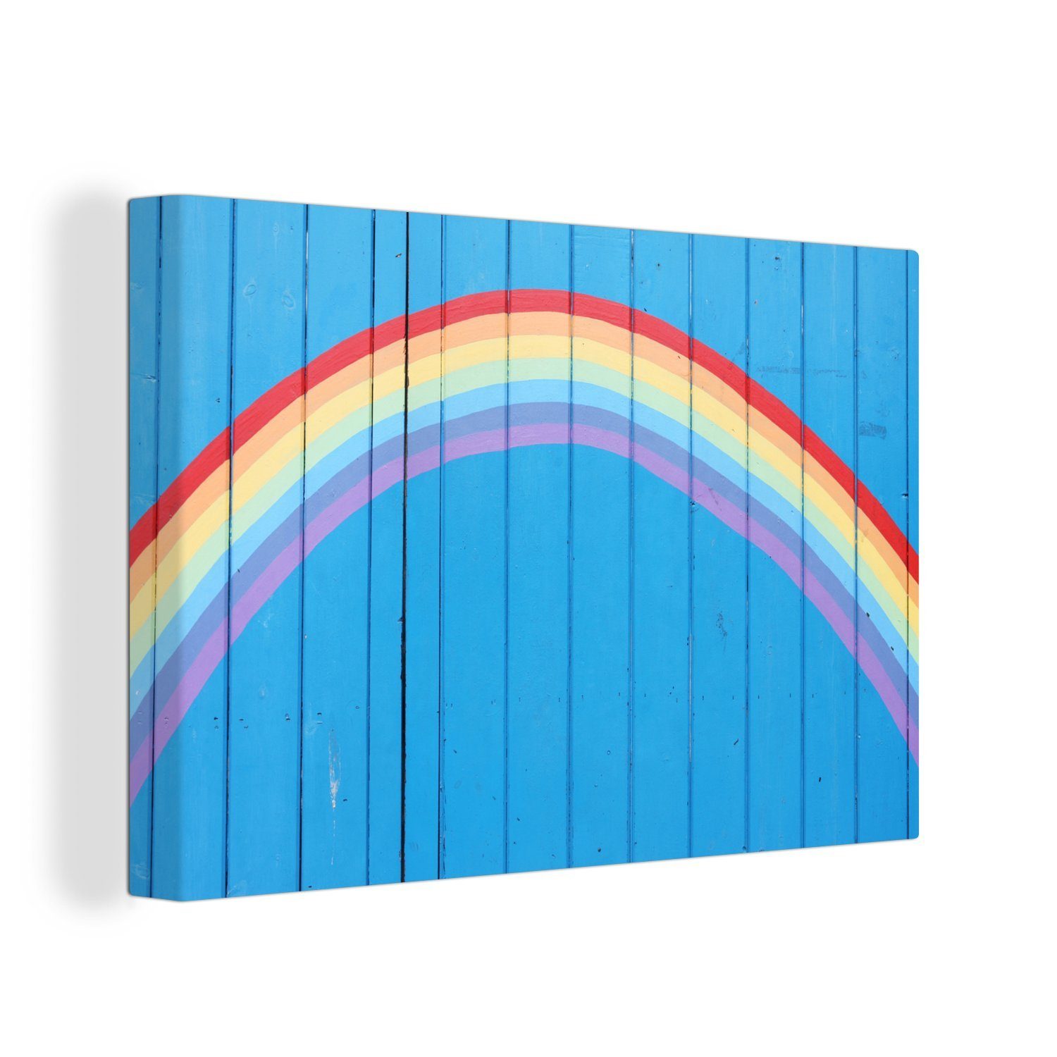 OneMillionCanvasses® Leinwandbild Ein gemalter Regenbogen auf einem Holzzaun, (1 St), Wandbild Leinwandbilder, Aufhängefertig, Wanddeko, 30x20 cm
